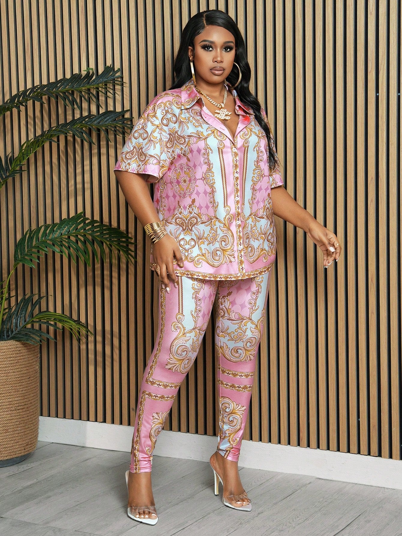 Plus Size Printed Long Sleeve Shirt and Slim Fit Pants Set 0XL 1XL 2XL 0XL-1XL-2XL-3XL-