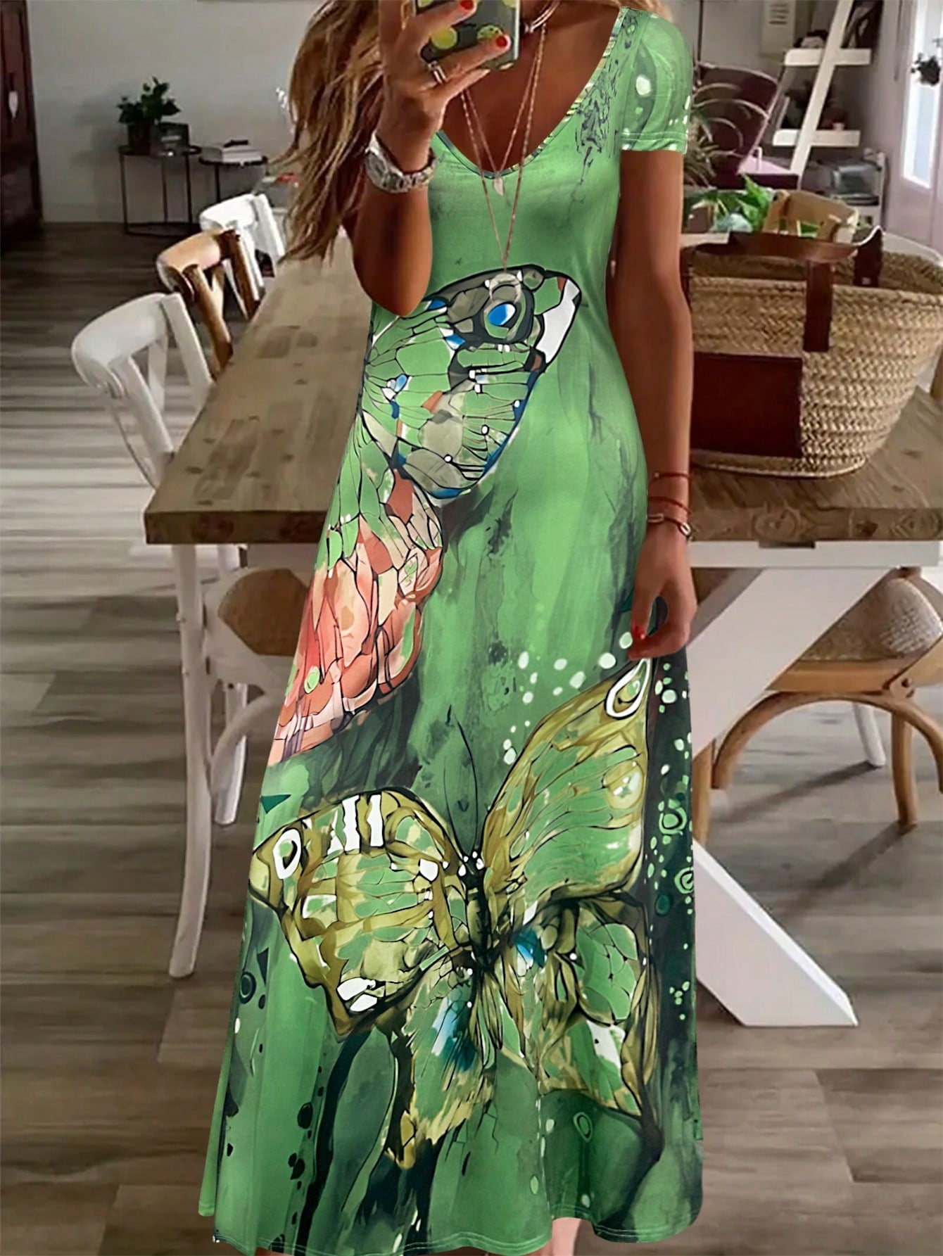 Summer Butterfly Print V-Neck Maxi Dress for Effortless Style Multicolor / S Multicolor / M Multicolor / L Multicolor / S-Multicolor / M-Multicolor / L-Multicolor / XL-Green / S-Green / M-Green / L-Green / XL-