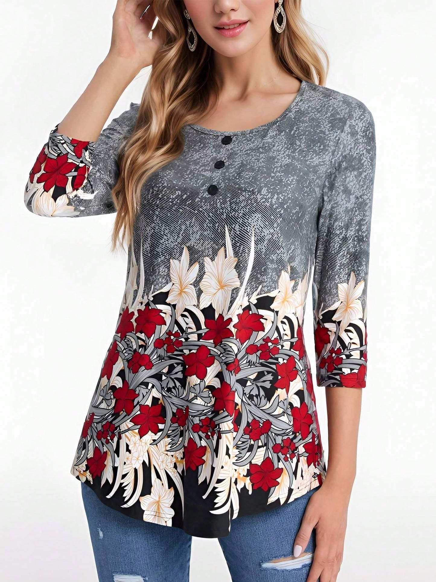 Chic Floral Print 3/4 Sleeve Blouse with Button Detail Blue / M Blue / L Blue / XL Blue / M-Blue / L-Blue / XL-Blue / XXL-Dark Green / M-Dark Green / L-Dark Green / XL-Dark Green / XXL-Grey / M-Grey / L-Grey / XL-Grey / XXL-