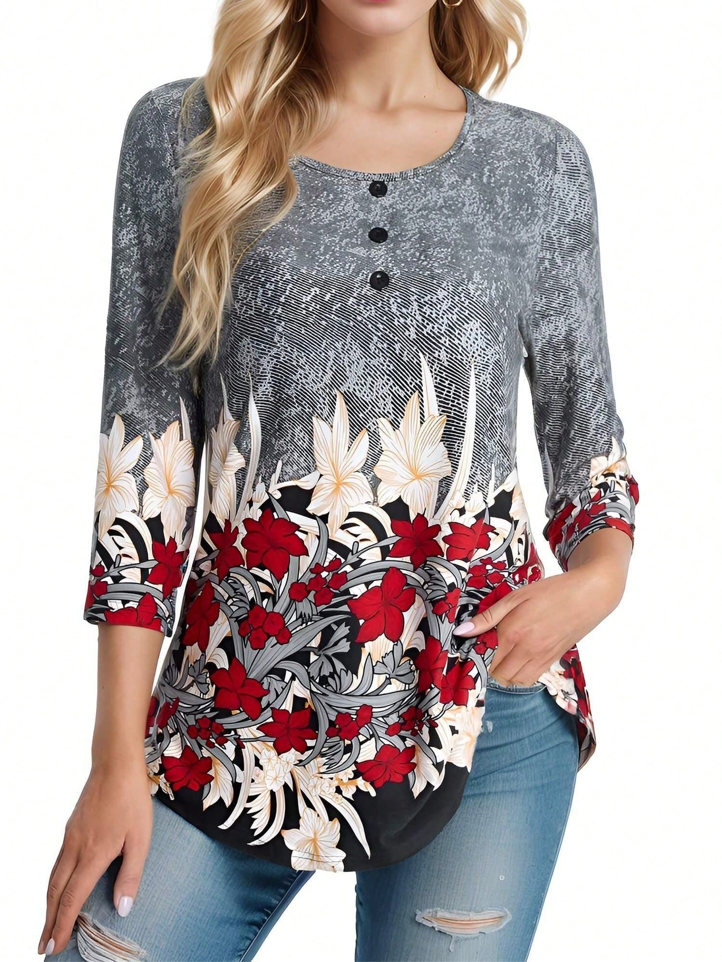 Chic Floral Print 3/4 Sleeve Blouse with Button Detail Blue / M Blue / L Blue / XL Blue / M-Blue / L-Blue / XL-Blue / XXL-Dark Green / M-Dark Green / L-Dark Green / XL-Dark Green / XXL-Grey / M-Grey / L-Grey / XL-Grey / XXL-