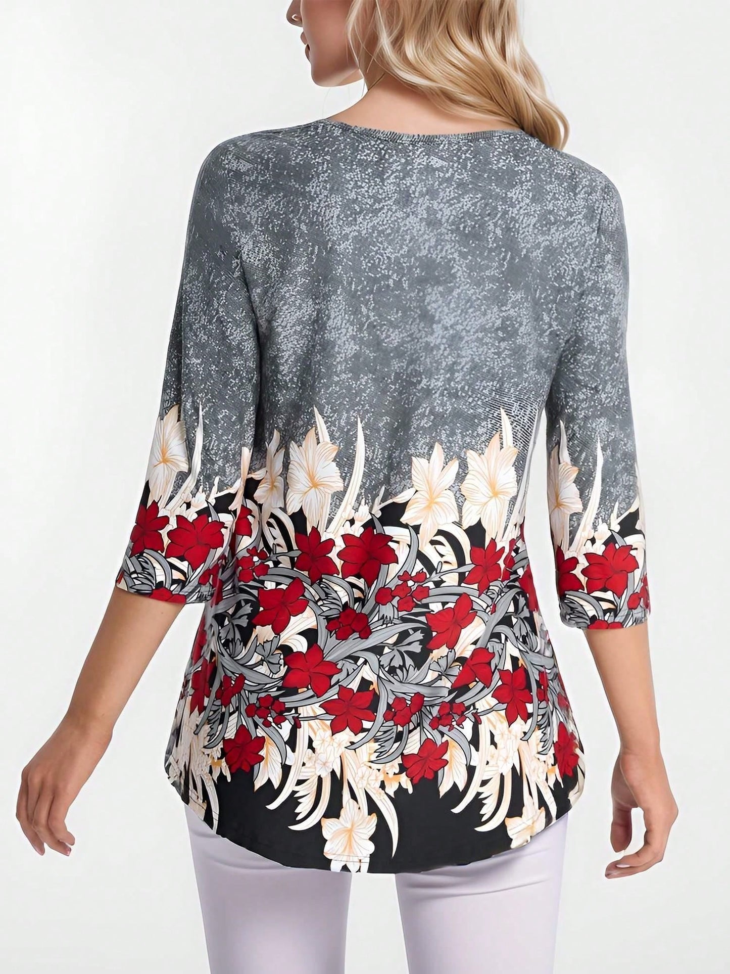 Chic Floral Print 3/4 Sleeve Blouse with Button Detail Blue / M Blue / L Blue / XL Blue / M-Blue / L-Blue / XL-Blue / XXL-Dark Green / M-Dark Green / L-Dark Green / XL-Dark Green / XXL-Grey / M-Grey / L-Grey / XL-Grey / XXL-