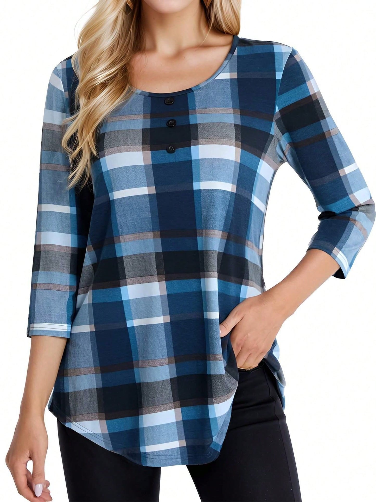 Chic Floral Print 3/4 Sleeve Blouse with Button Detail Blue / M Blue / L Blue / XL Blue / M-Blue / L-Blue / XL-Blue / XXL-Dark Green / M-Dark Green / L-Dark Green / XL-Dark Green / XXL-Grey / M-Grey / L-Grey / XL-Grey / XXL-