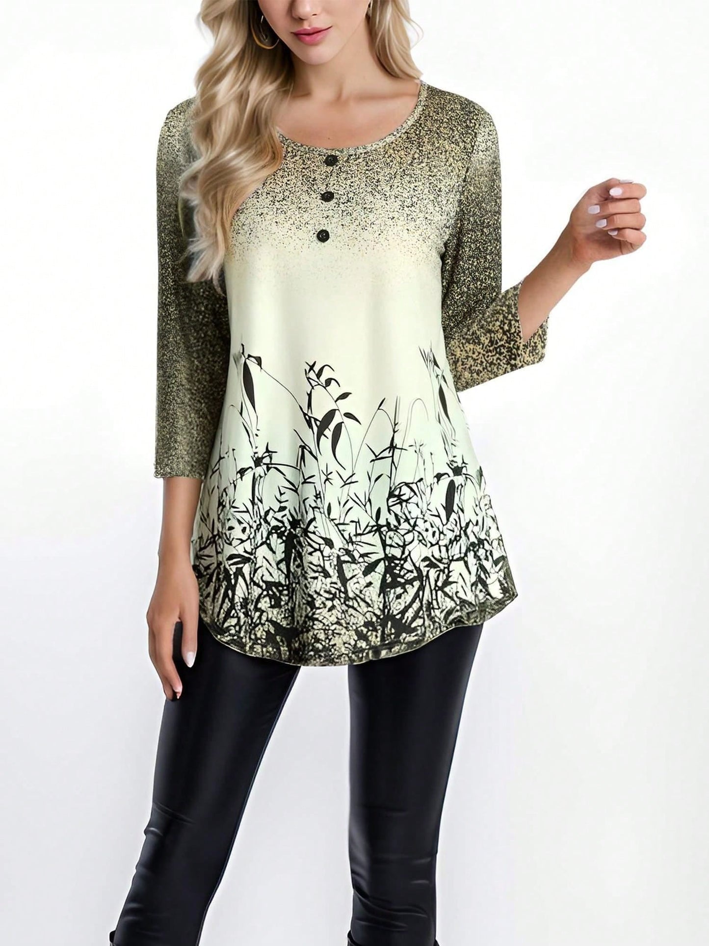Chic Floral Print 3/4 Sleeve Blouse with Button Detail Blue / M Blue / L Blue / XL Blue / M-Blue / L-Blue / XL-Blue / XXL-Dark Green / M-Dark Green / L-Dark Green / XL-Dark Green / XXL-Grey / M-Grey / L-Grey / XL-Grey / XXL-