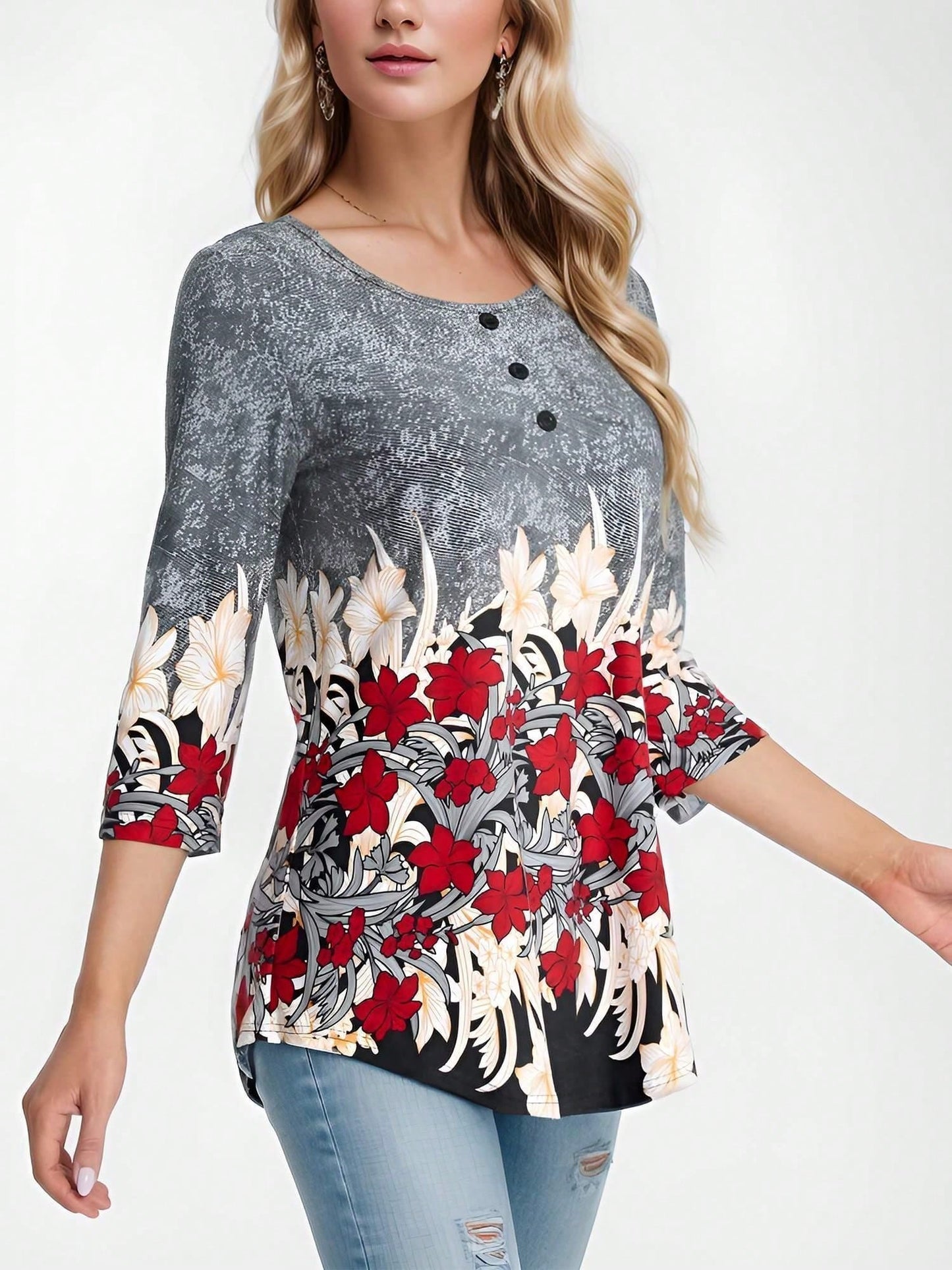 Chic Floral Print 3/4 Sleeve Blouse with Button Detail Blue / M Blue / L Blue / XL Blue / M-Blue / L-Blue / XL-Blue / XXL-Dark Green / M-Dark Green / L-Dark Green / XL-Dark Green / XXL-Grey / M-Grey / L-Grey / XL-Grey / XXL-