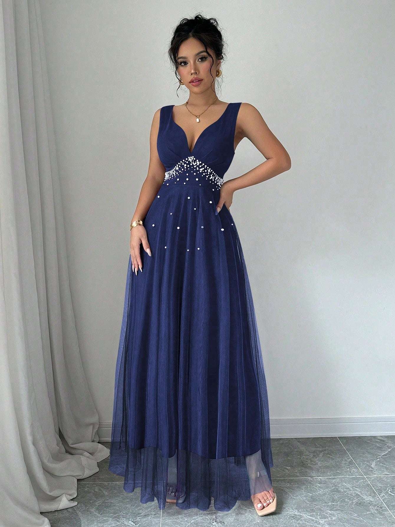 Elegant Belle Faux Pearl Beaded V-Neck Sleeveless Summer Maxi Dress