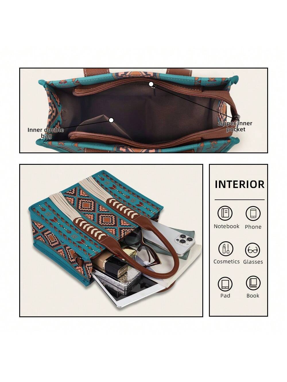 Boho Chic Vintage Tote Bag - Versatile Travel Handbag with Adjustable Strap & Clutch Pouch