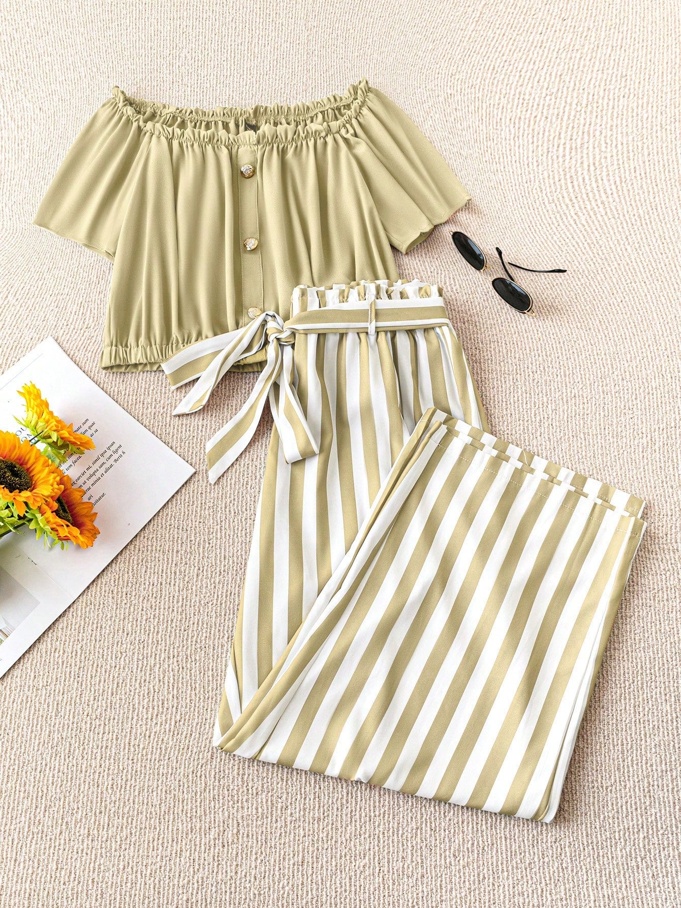 Plus Size Women's Casual Summer Outfit: Off-Shoulder Button Top & Striped Knotted Pants Set Blue and White / 0XL Blue and White / 1XL Blue and White / 2XL Blue and White / 0XL-Blue and White / 1XL-Blue and White / 2XL-Blue and White / 3XL-Blue and White / 4XL-Apricot / 0XL-Apricot / 1XL-Apricot / 2XL-Apricot / 3XL-Apricot / 4XL-Green / 0XL-Green / 1XL-Green / 2XL-Green / 3XL-Green / 4XL-