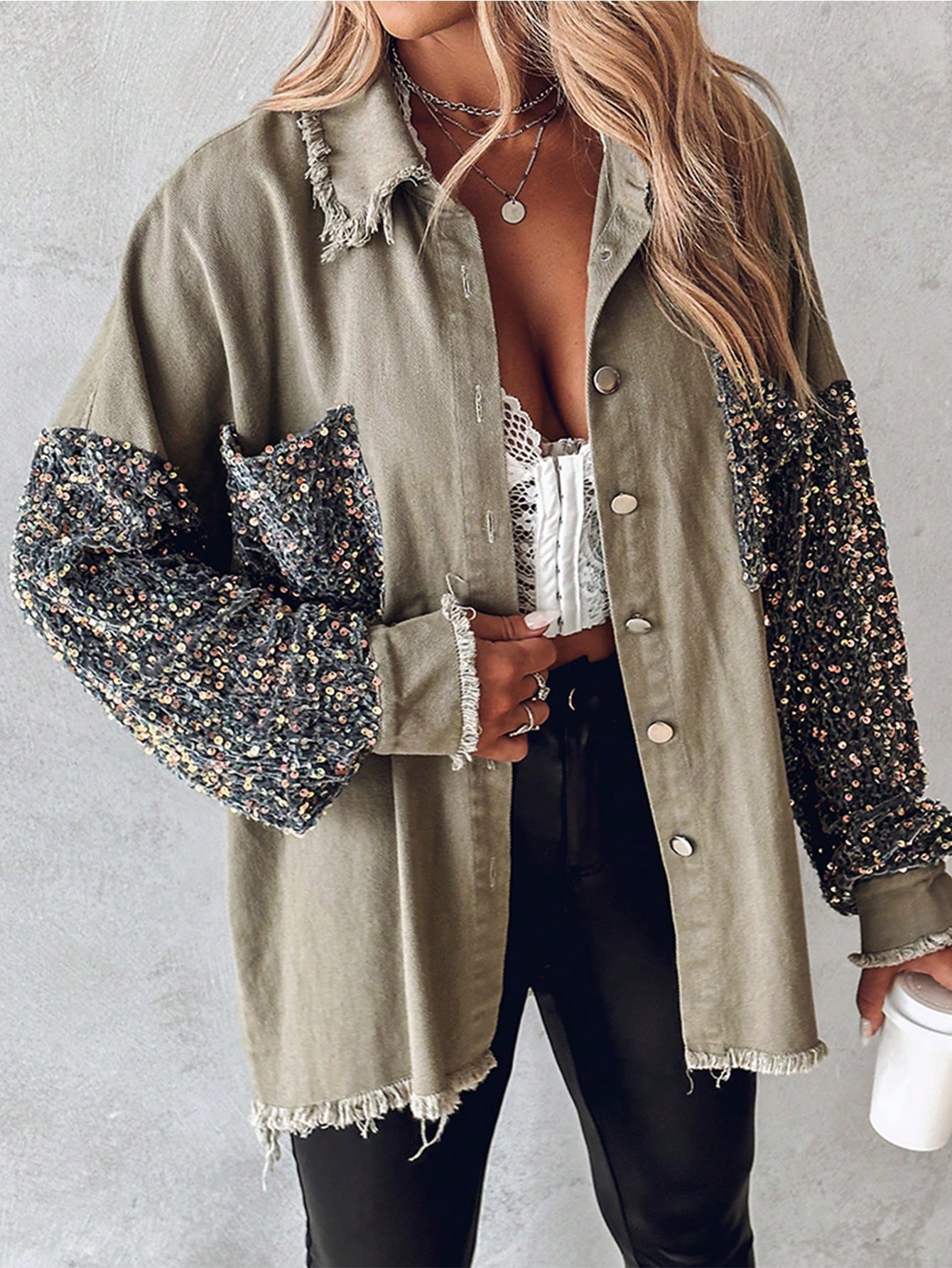 Turn-Down Collar Contrast Sequin Raw Hem Button Front Shacket