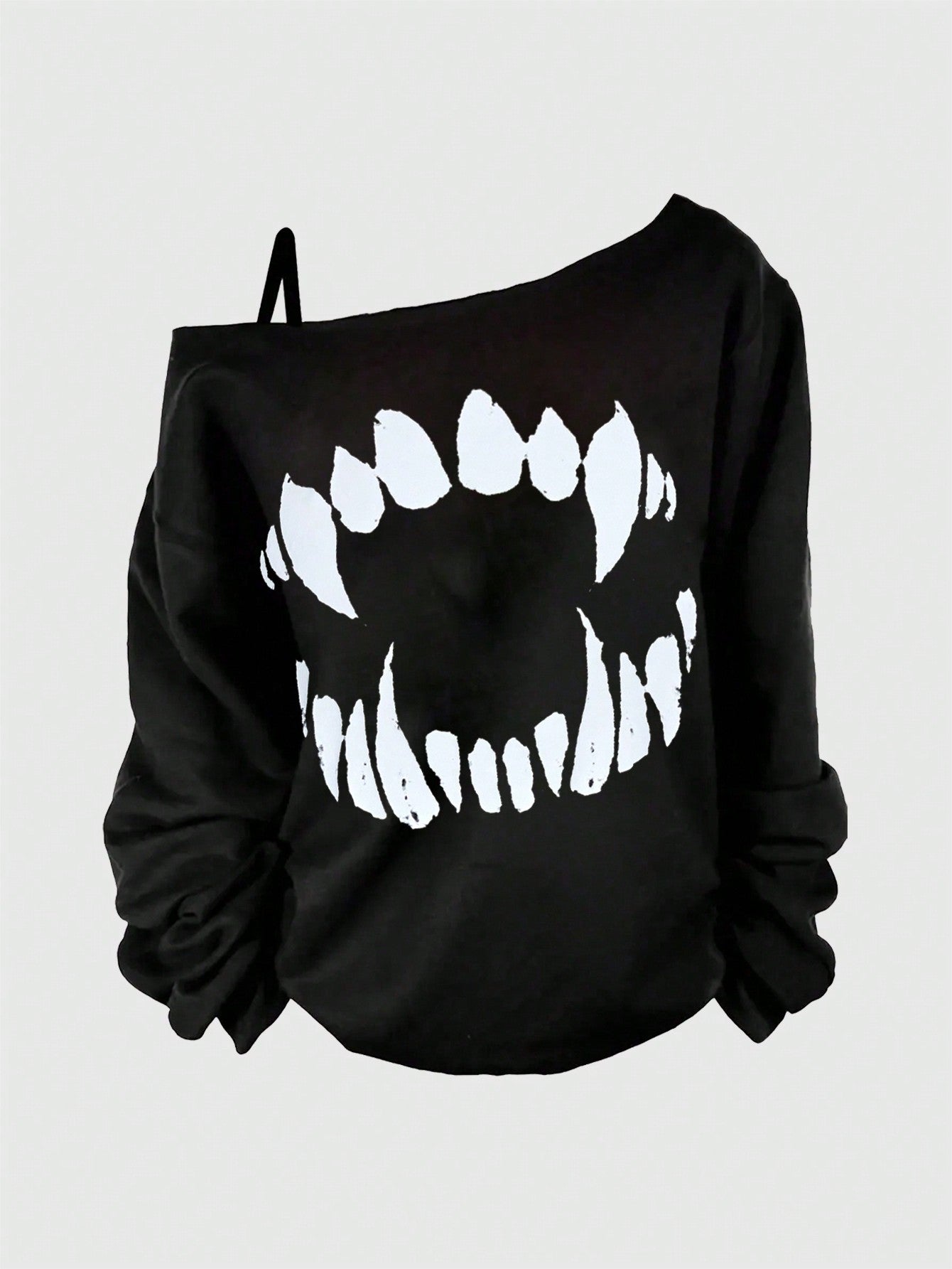 Gothic Vibes: Asymmetric Fang Print Plus Size Long Sleeve Sweatshirt for Women Black / 1XL Black / 2XL