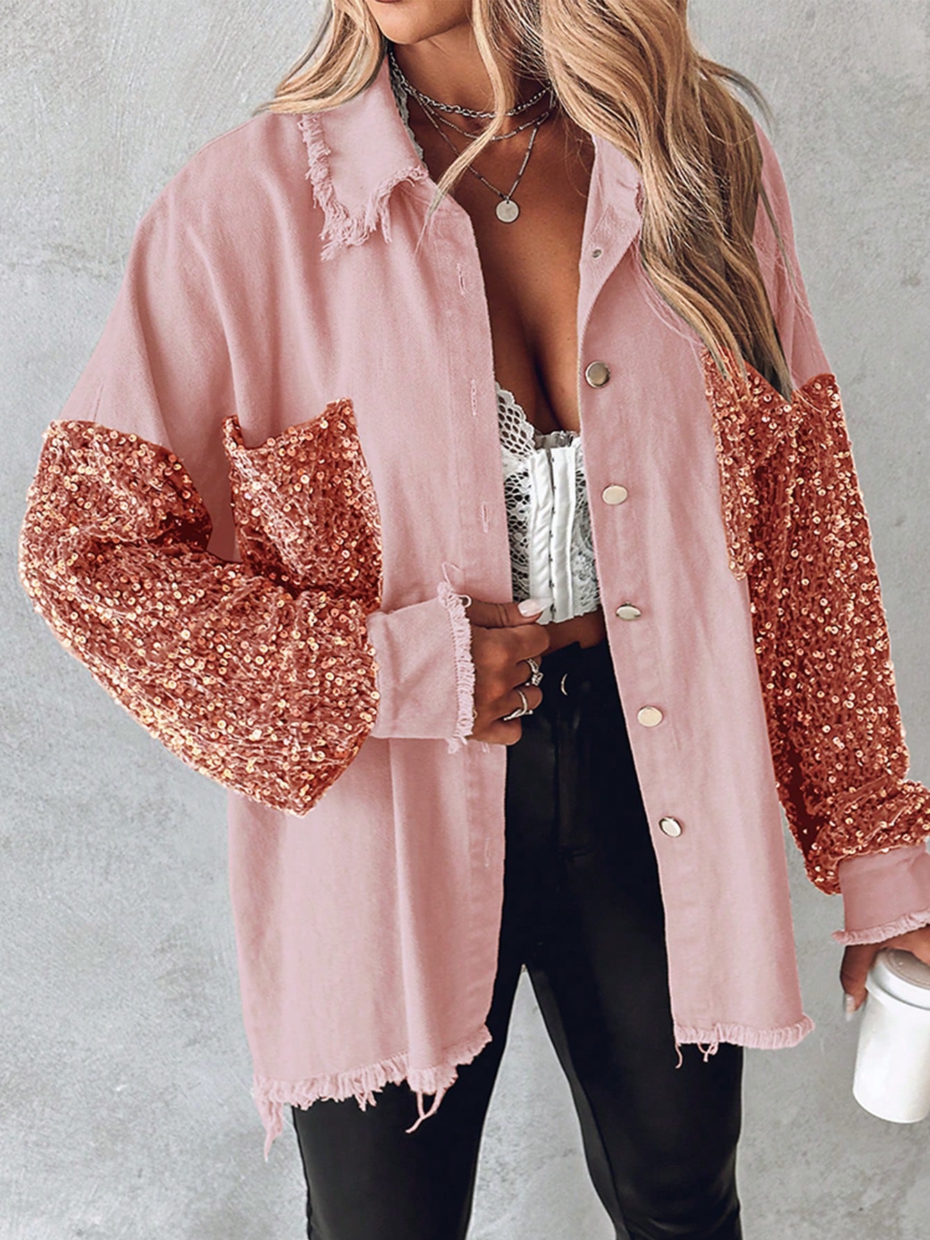 Turn-Down Collar Contrast Sequin Raw Hem Button Front Shacket