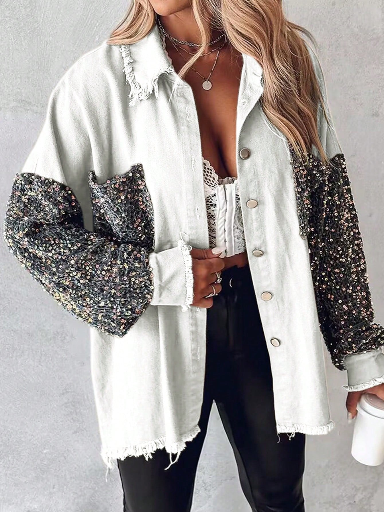 Turn-Down Collar Contrast Sequin Raw Hem Button Front Shacket