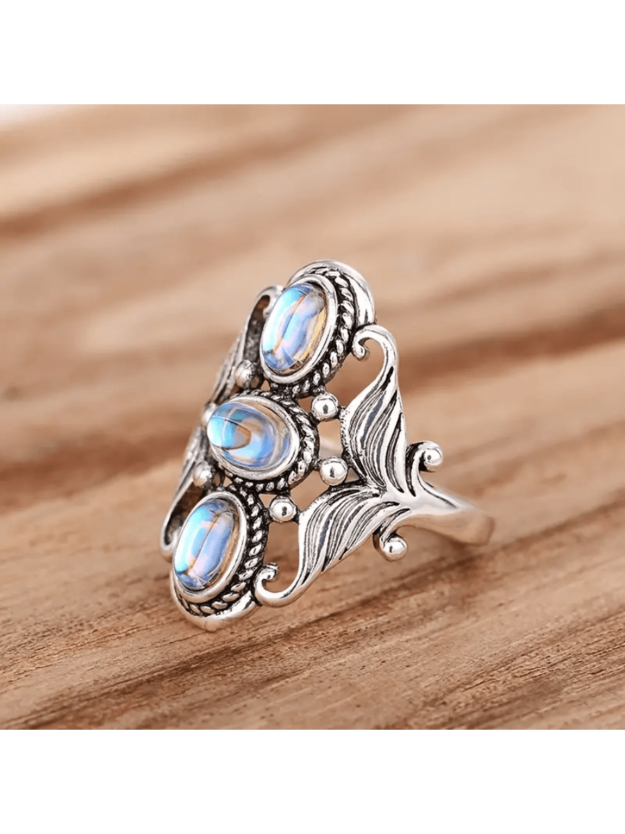Elegant Boho Egg-Shaped Gemstone Ring - A Silver-Plated Touch of Beauty for Every Occasion 5 6