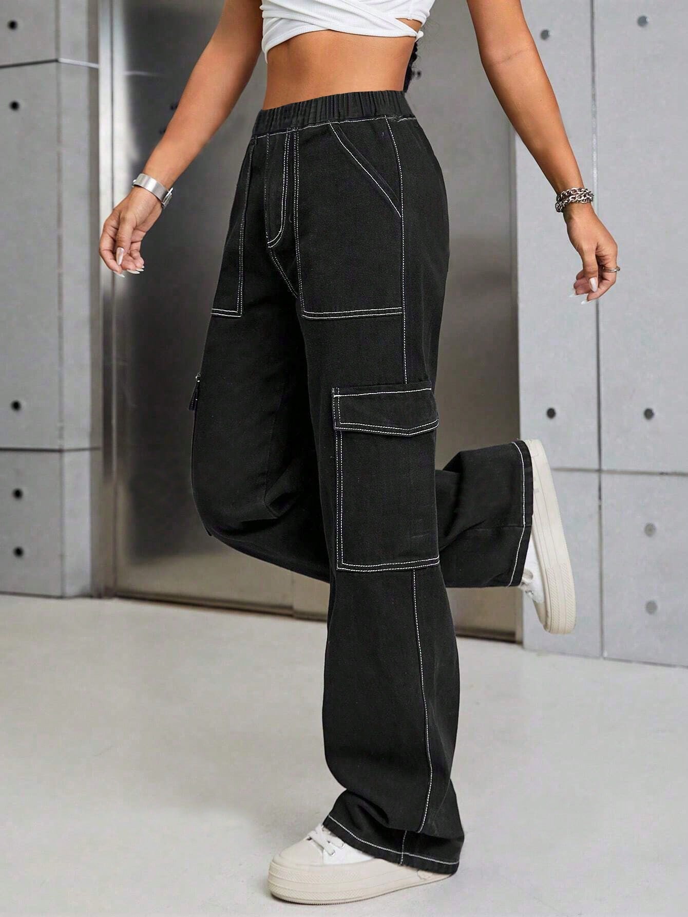 Chic & Versatile Vintage Denim Pocket Cargo Pants for Teen Girls – Perfect for All Seasons! Black