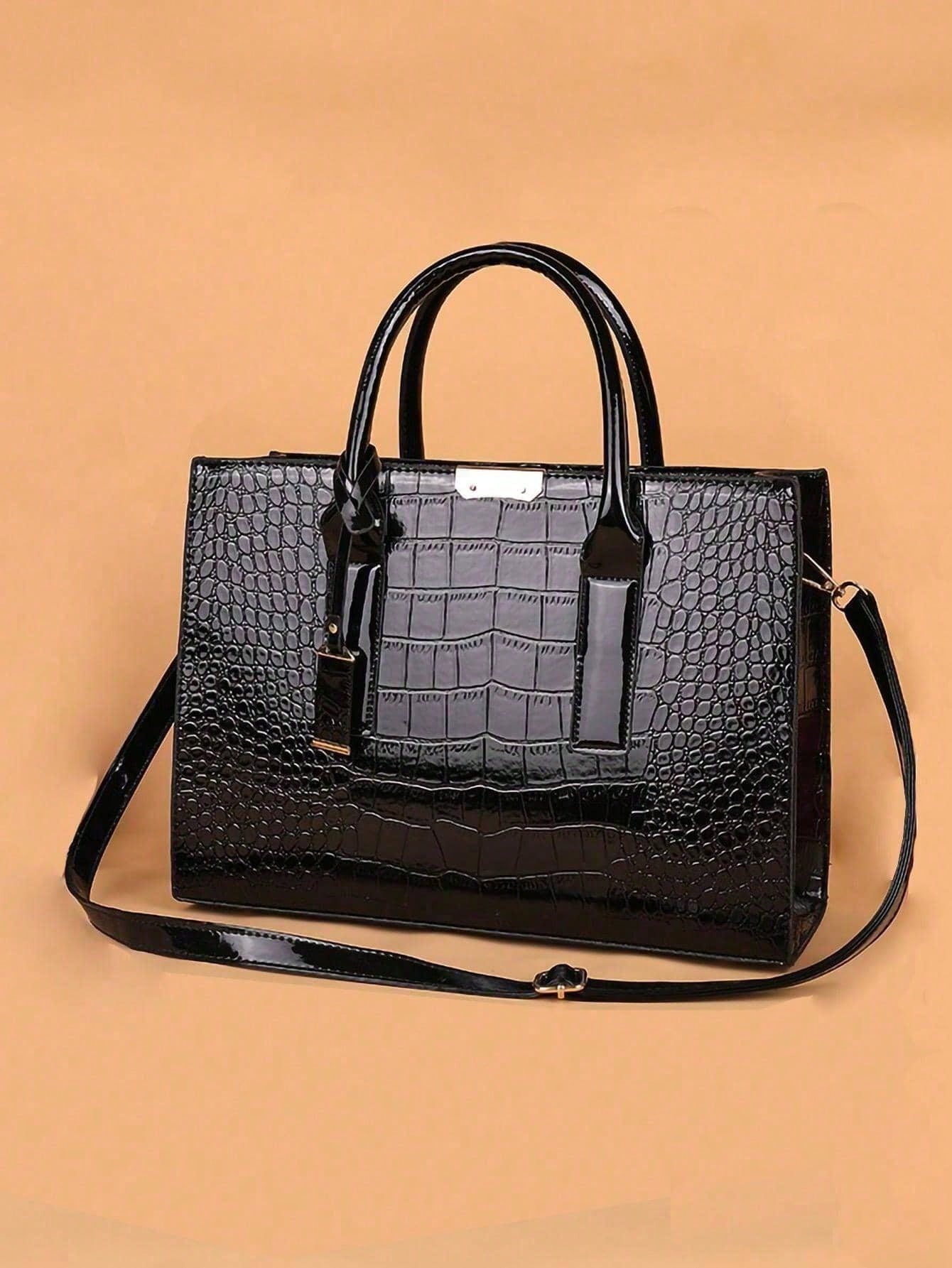 Chic Crocodile-Patterned Large Tote Bag with Stylish Accessories
