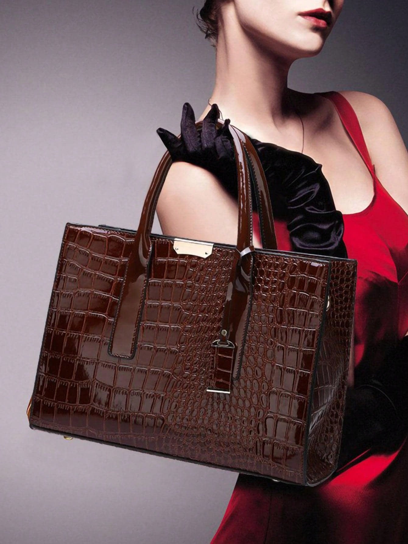 Chic Crocodile-Patterned Large Tote Bag with Stylish Accessories