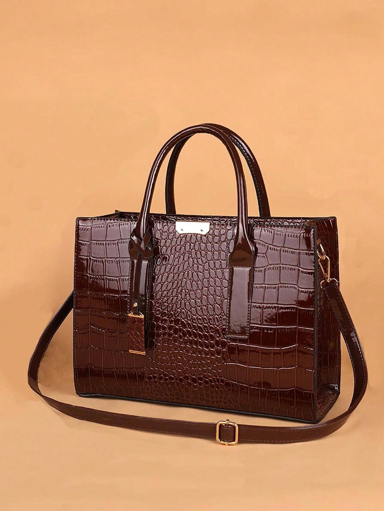 Chic Crocodile-Patterned Large Tote Bag with Stylish Accessories