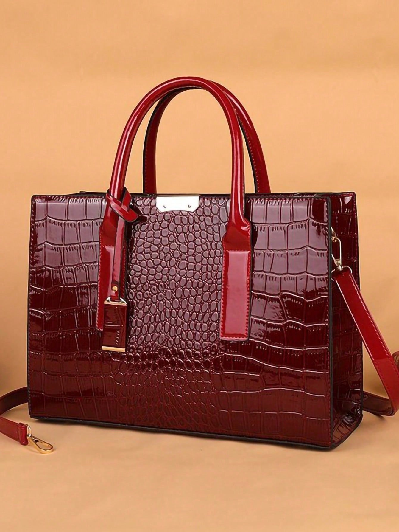 Chic Crocodile-Patterned Large Tote Bag with Stylish Accessories