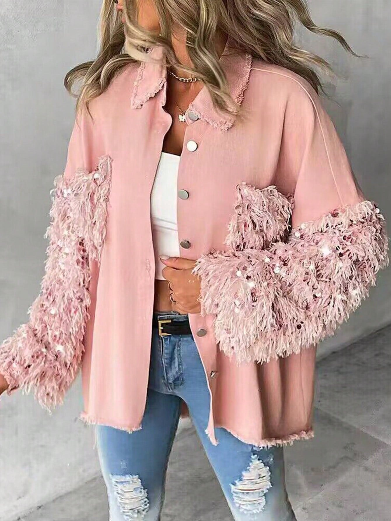 Turn-Down Collar Contrast Sequin Raw Hem Button Front Shacket