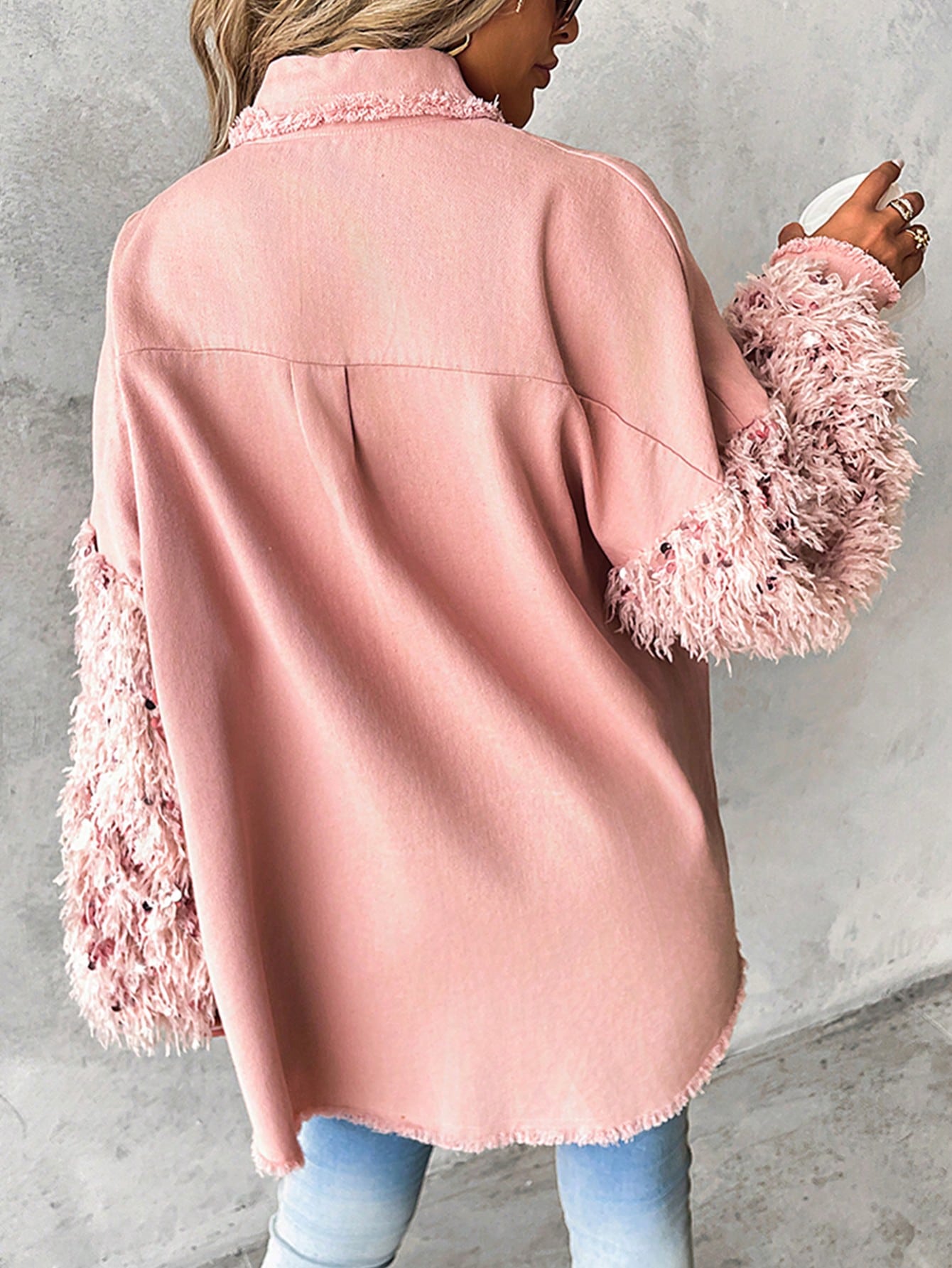 Turn-Down Collar Contrast Sequin Raw Hem Button Front Shacket