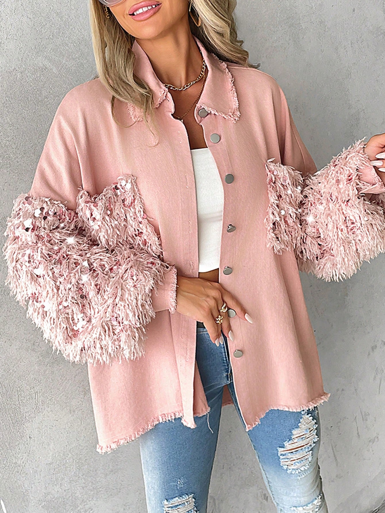 Turn-Down Collar Contrast Sequin Raw Hem Button Front Shacket