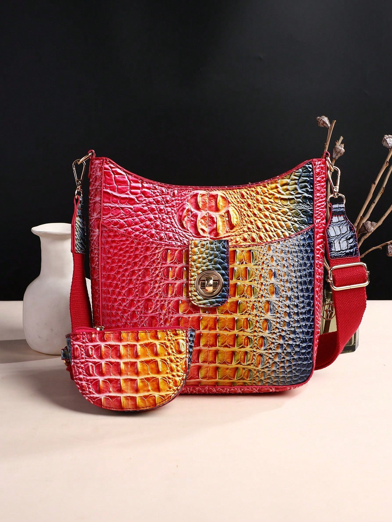 Chic Gradient Color Mini Crocodile Pattern Crossbody Bag 7# yellow + green 9# Blue + Purple