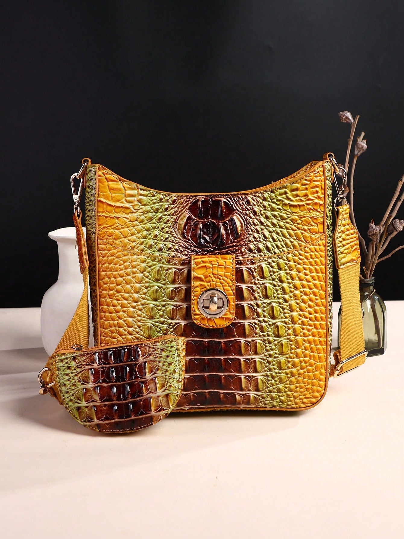 Chic Gradient Color Mini Crocodile Pattern Crossbody Bag 7# yellow + green 9# Blue + Purple