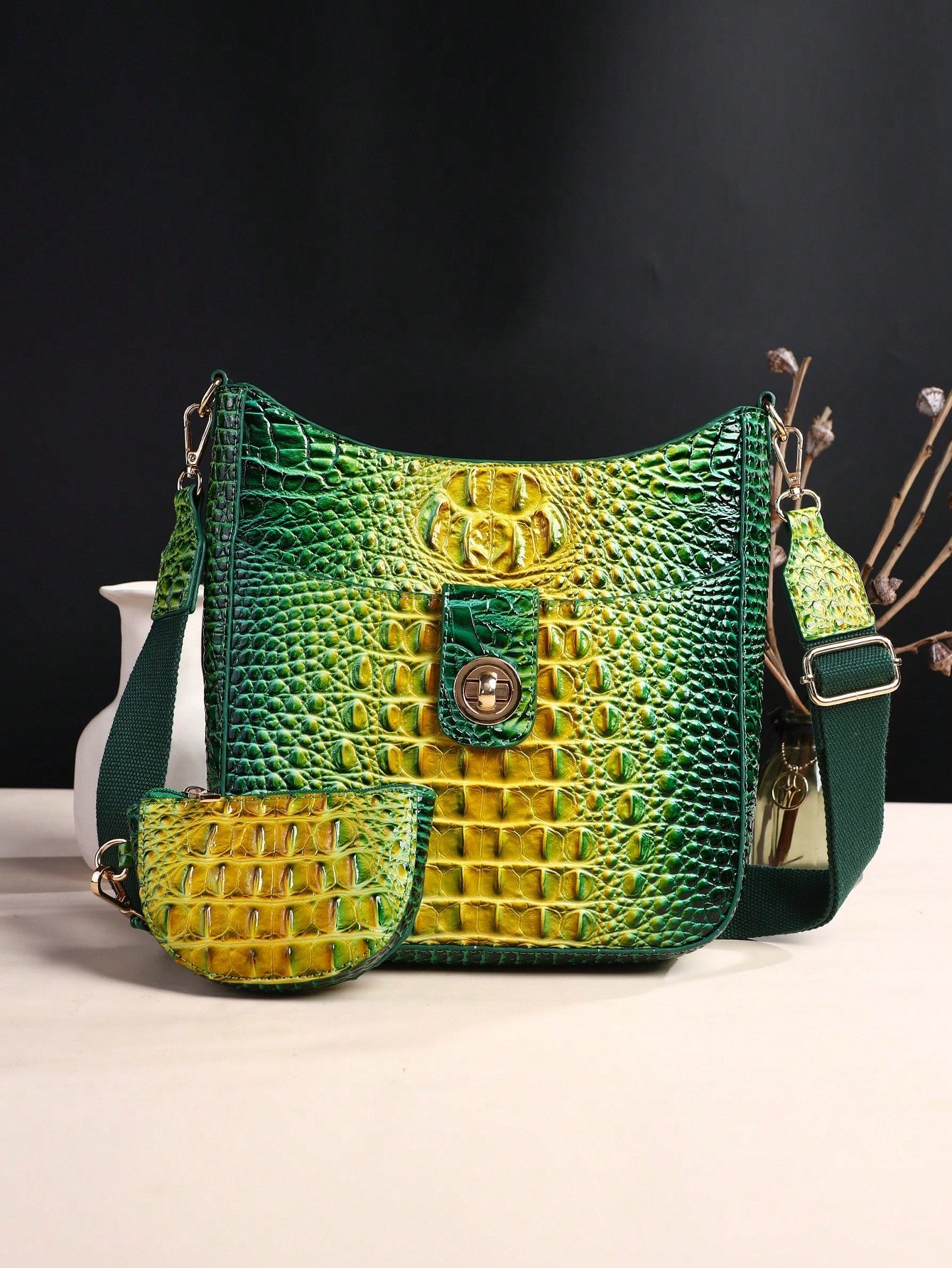 Chic Gradient Color Mini Crocodile Pattern Crossbody Bag 7# yellow + green 9# Blue + Purple
