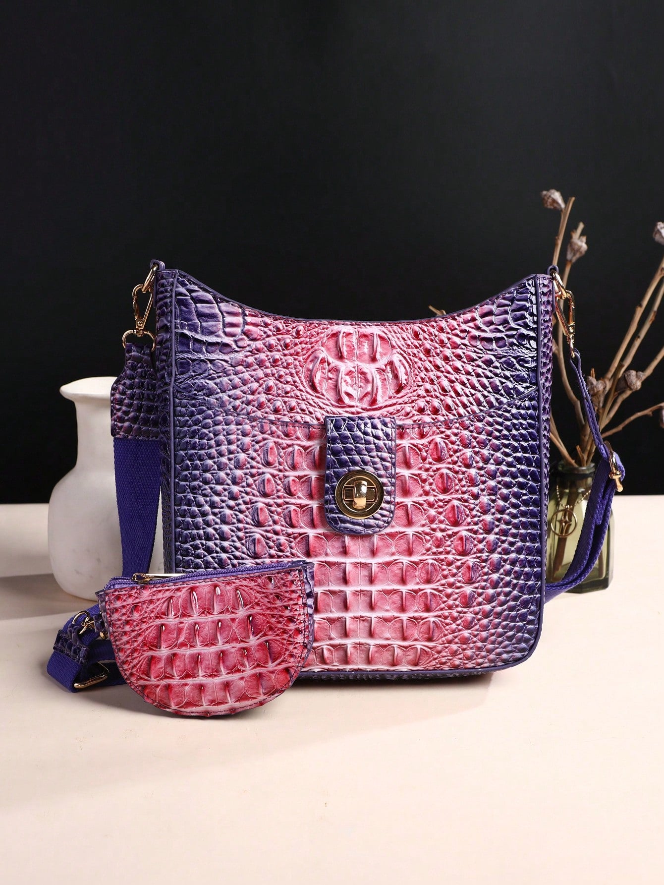 Chic Gradient Color Mini Crocodile Pattern Crossbody Bag 7# yellow + green 9# Blue + Purple