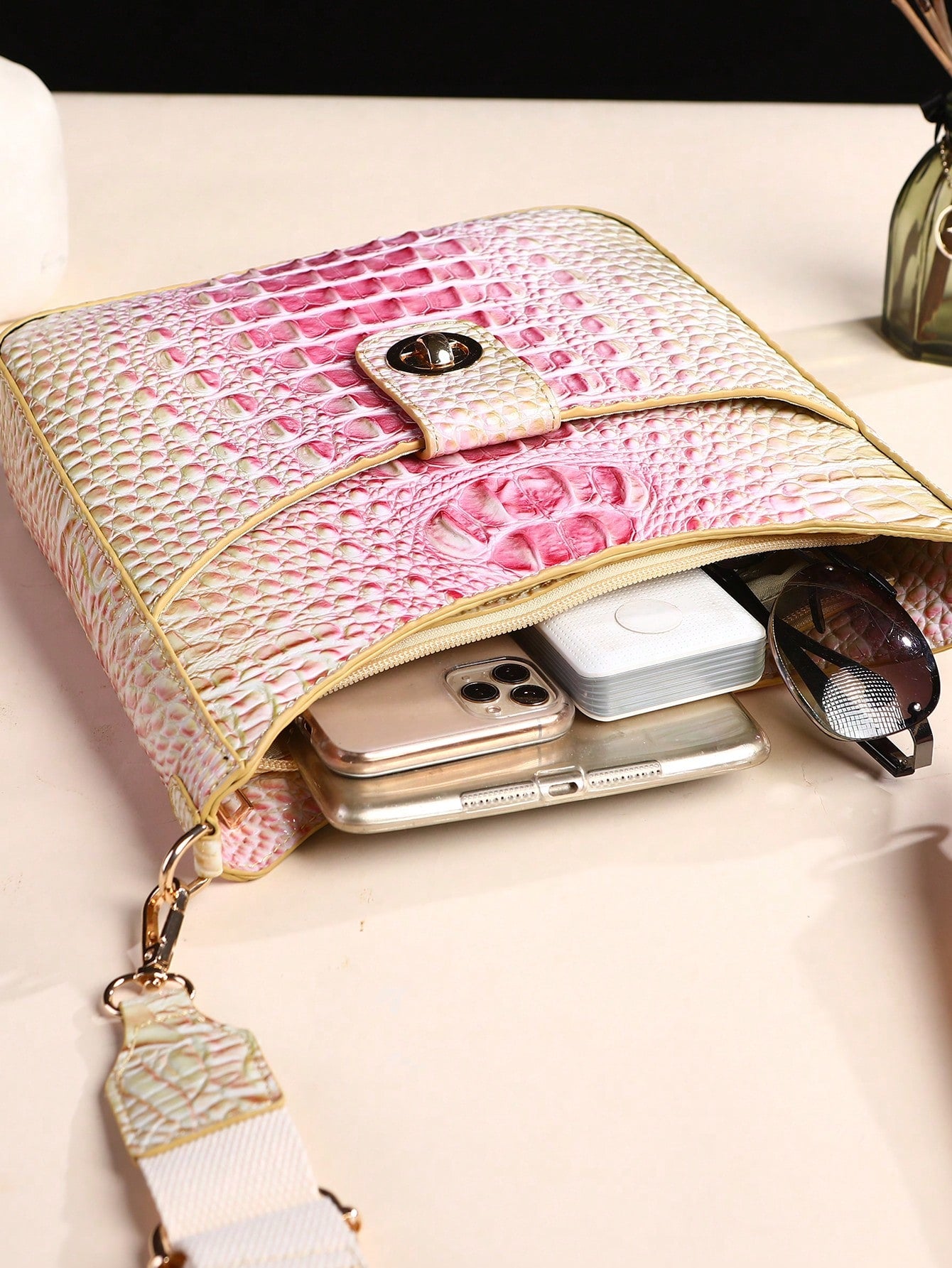 Chic Gradient Color Mini Crocodile Pattern Crossbody Bag 7# yellow + green 9# Blue + Purple