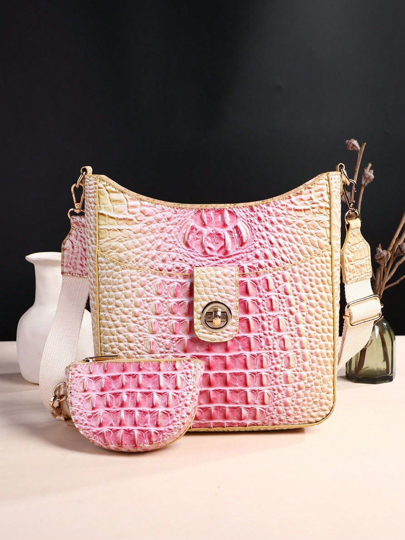 Chic Gradient Color Mini Crocodile Pattern Crossbody Bag 7# yellow + green 9# Blue + Purple