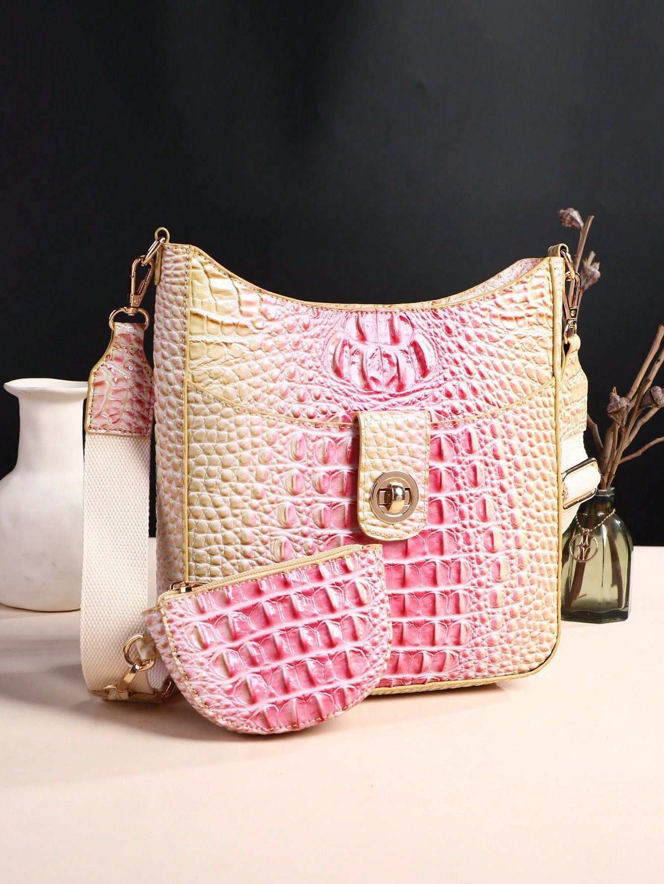Chic Gradient Color Mini Crocodile Pattern Crossbody Bag 7# yellow + green 9# Blue + Purple
