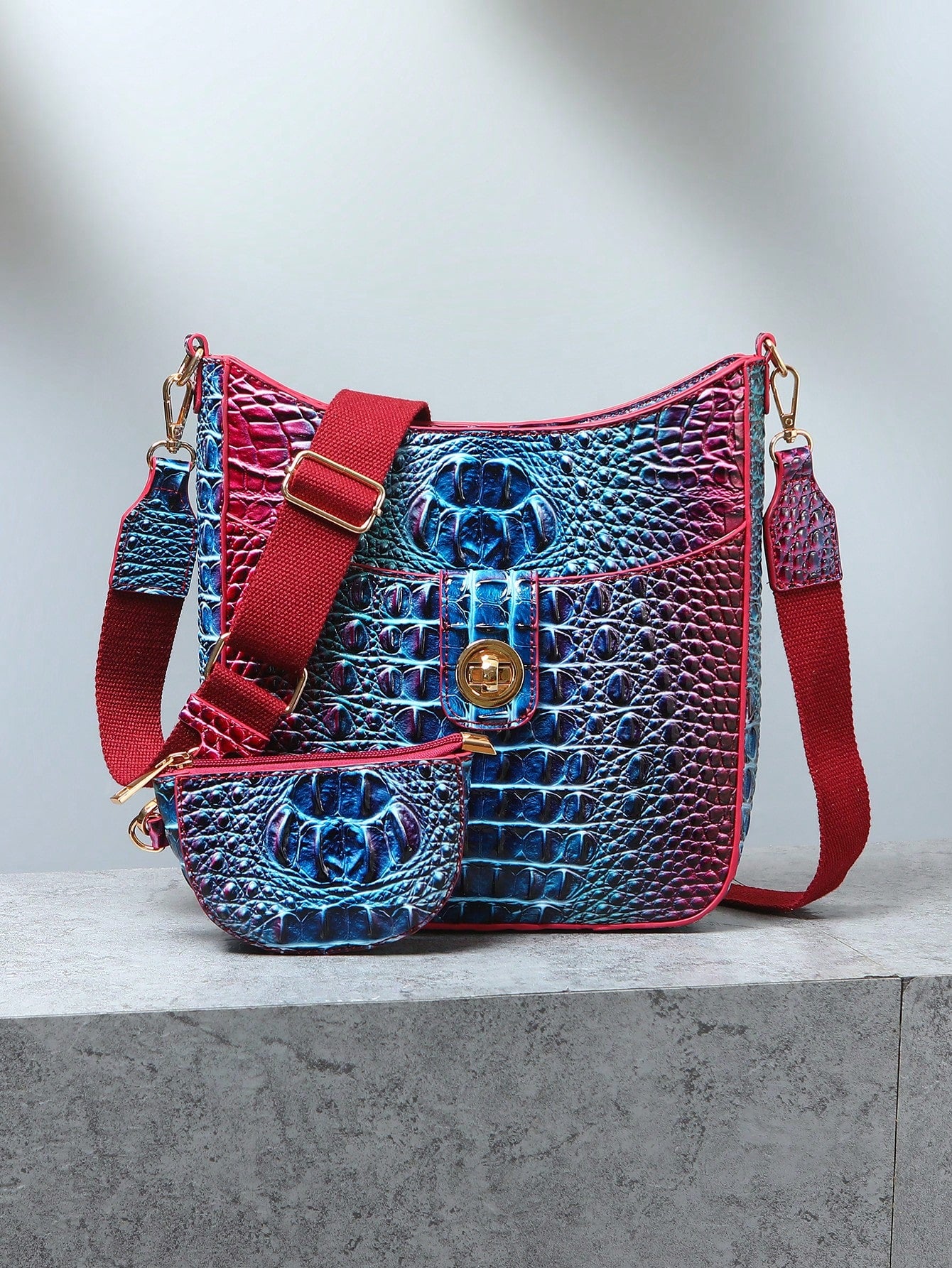 Chic Gradient Color Mini Crocodile Pattern Crossbody Bag 7# yellow + green 9# Blue + Purple