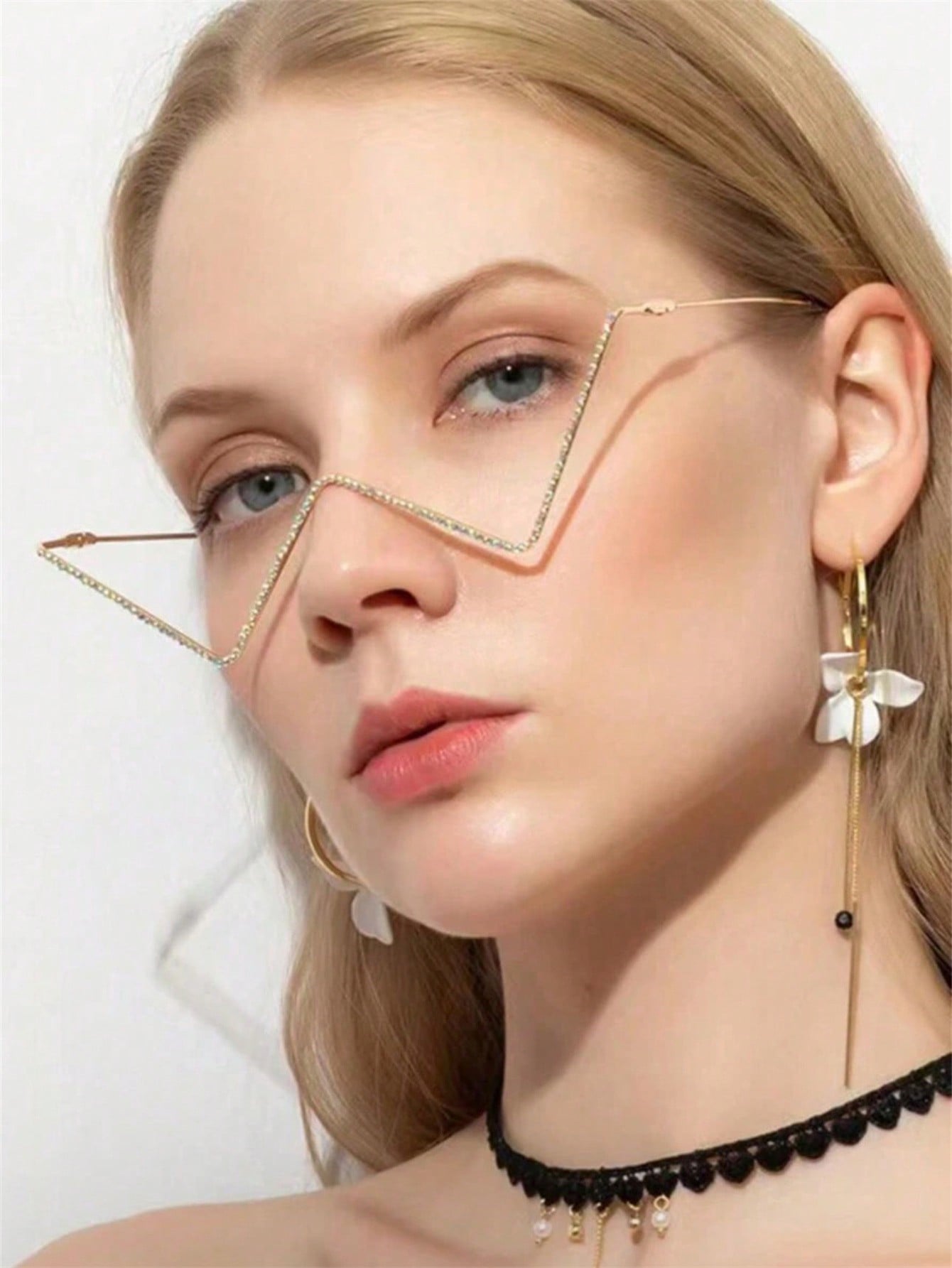 Chic Rhinestone-Embellished W-Shaped Eyeglass Frame Gold one-size
