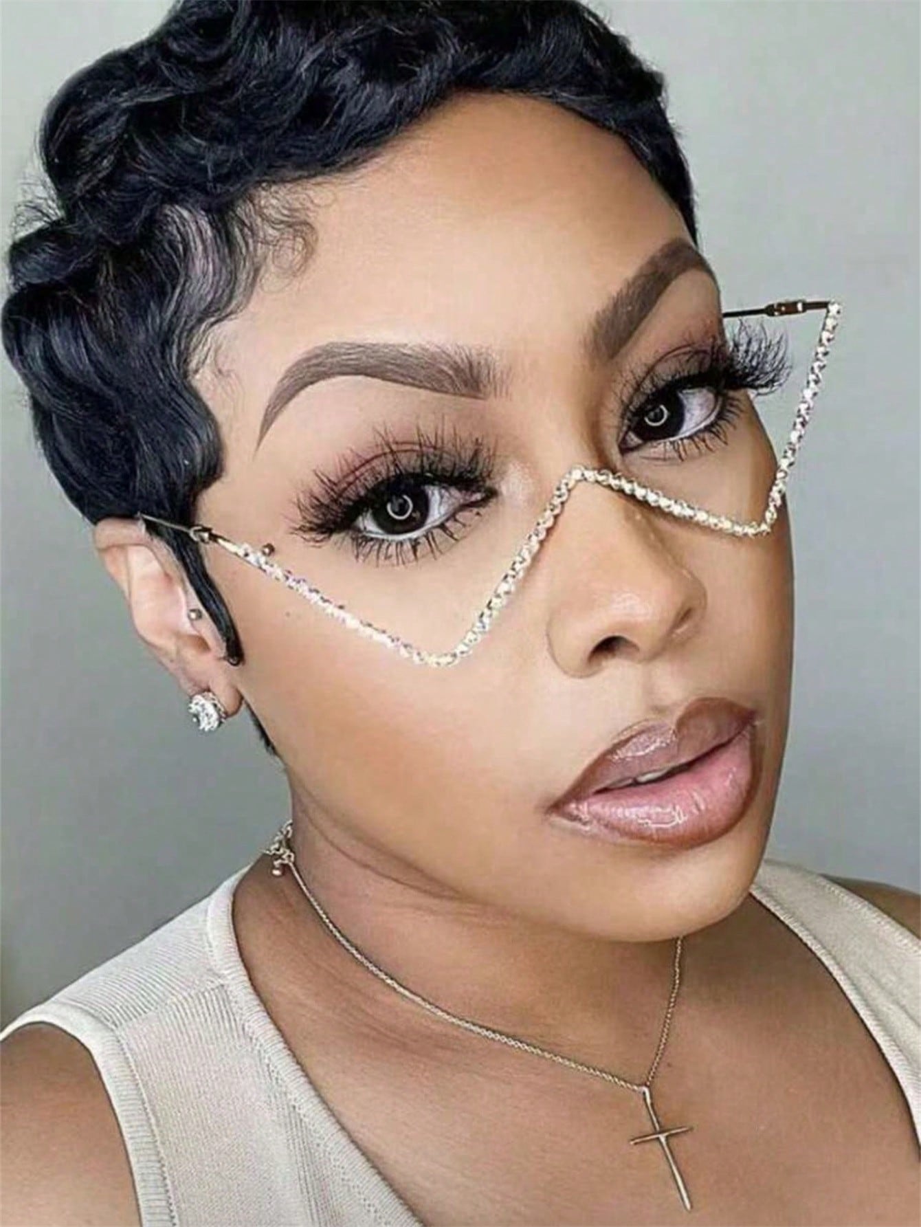 Chic Rhinestone-Embellished W-Shaped Eyeglass Frame Silver one-size