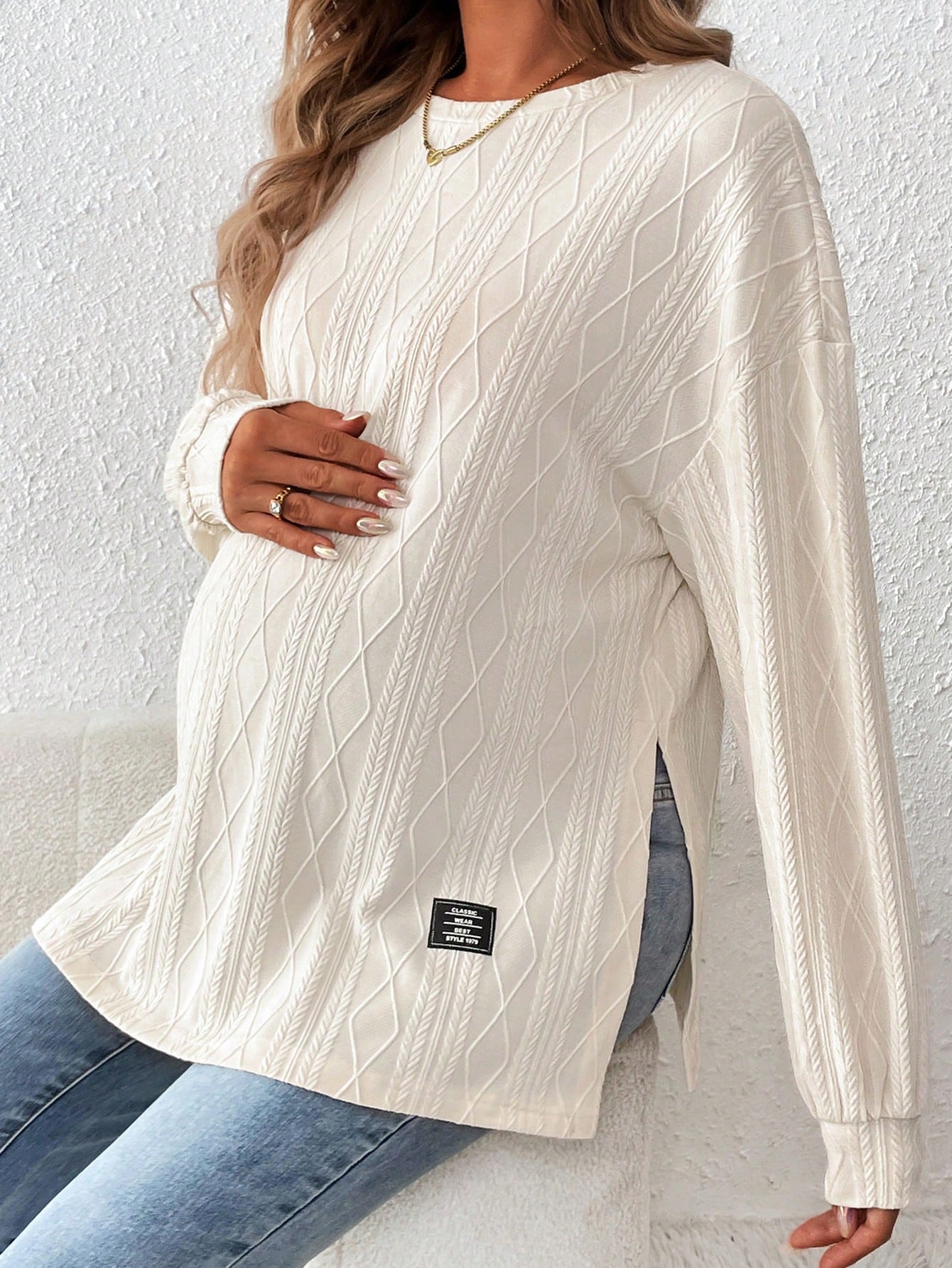 Maternity Textured Split Hem Dolman Sleeve T-Shirt for Fall Apricot / S Apricot / M