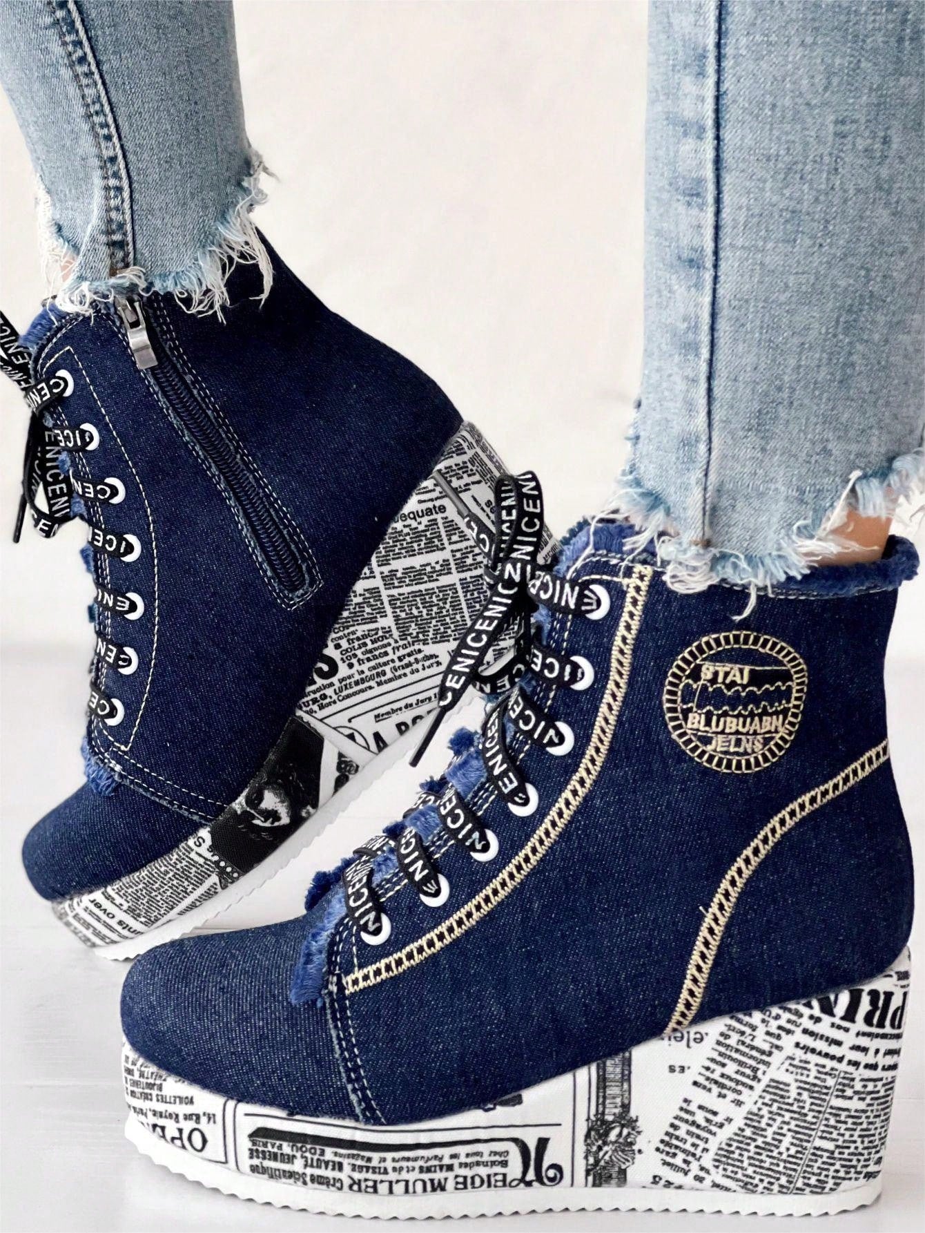 Newspaper Print Wedge Boots for Women – Trendy Lace-Up High-Top Footwear for Fall & Winter light blue / CN38 Dark Blue / CN37