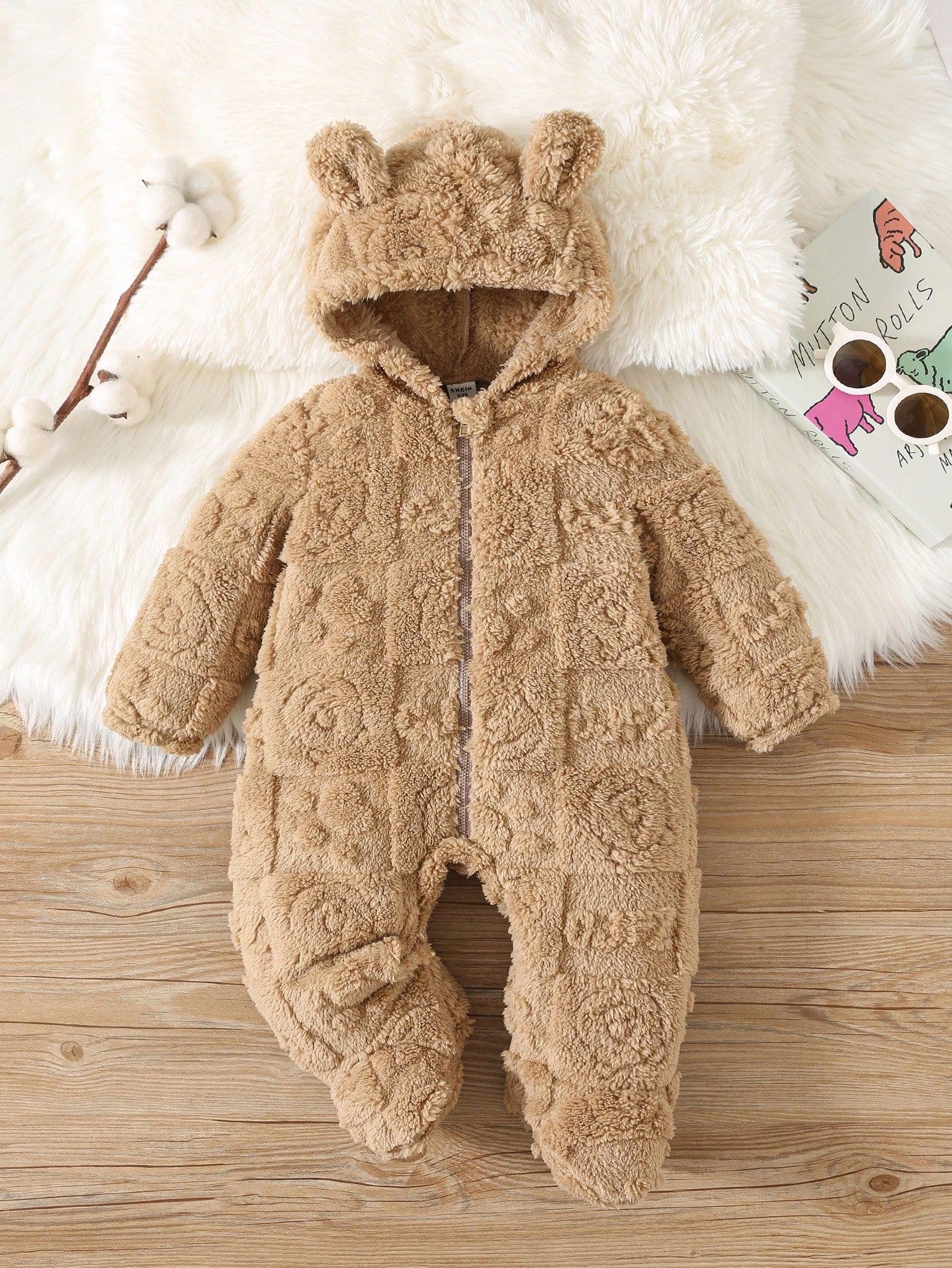 Cuddly Cartoon Print Fleece Hooded Romper for Newborns - Perfect for Autumn & Winter Adventures! White / 0-1M White / 1-3M