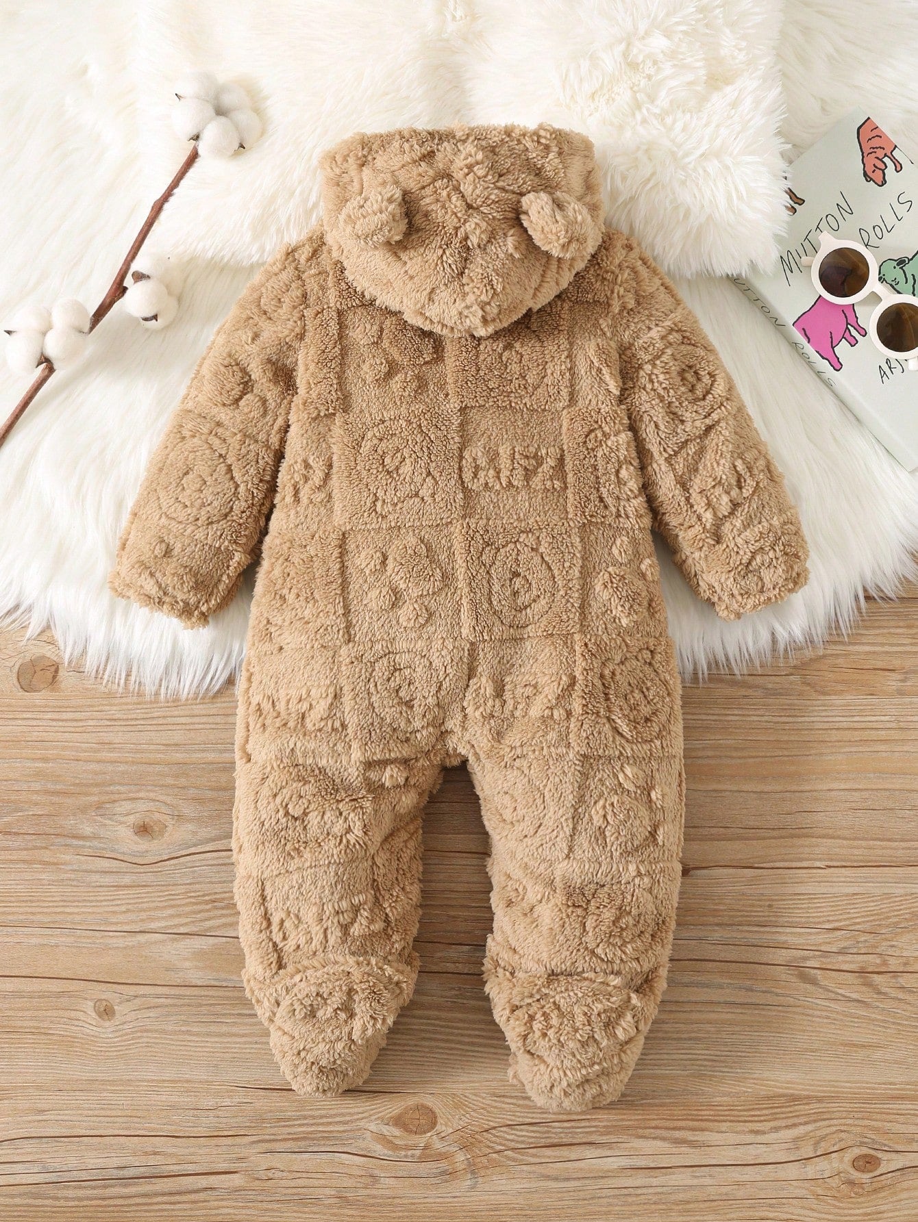 Cuddly Cartoon Print Fleece Hooded Romper for Newborns - Perfect for Autumn & Winter Adventures! White / 0-1M White / 1-3M