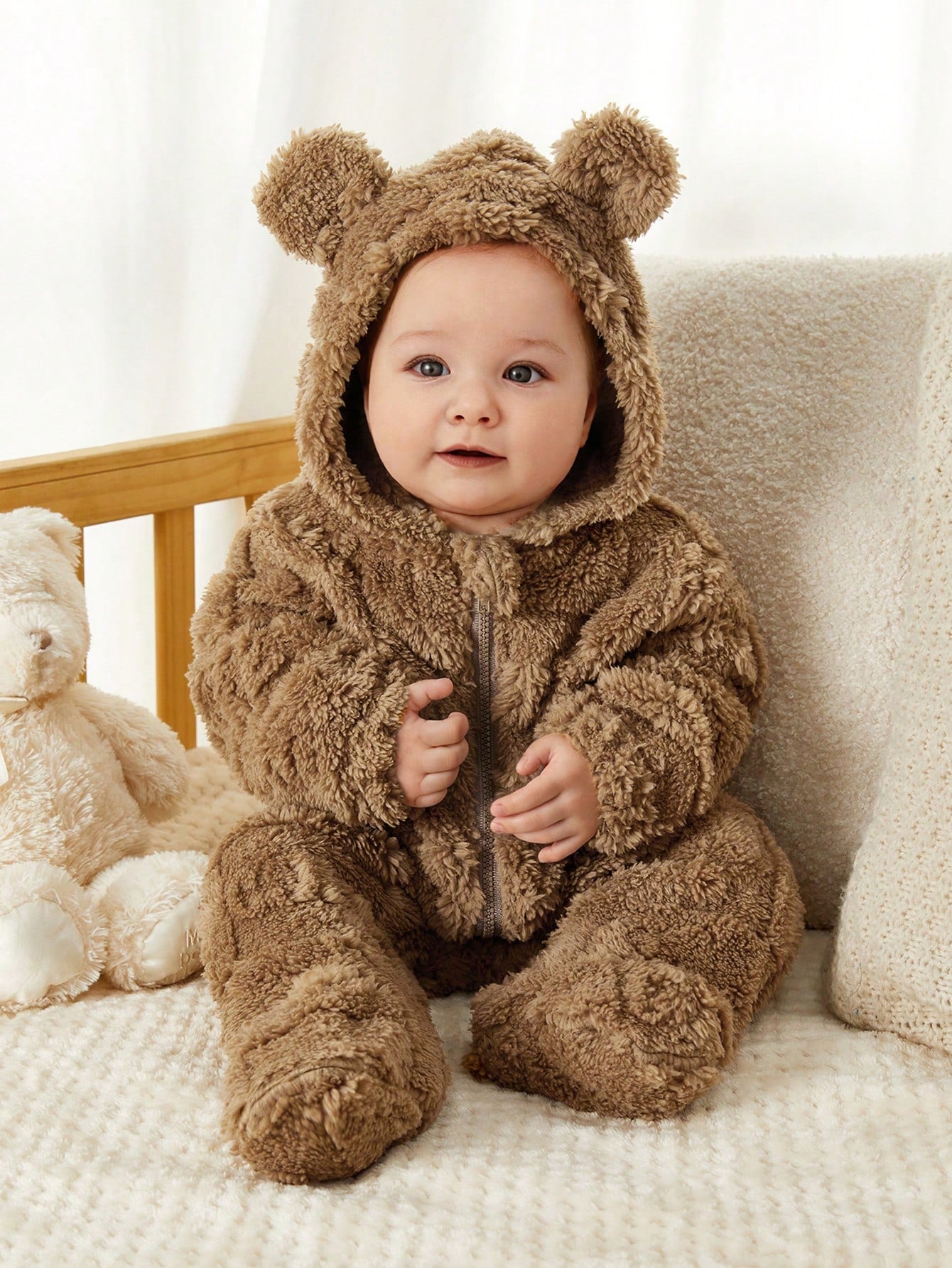 Cuddly Cartoon Print Fleece Hooded Romper for Newborns - Perfect for Autumn & Winter Adventures! White / 0-1M White / 1-3M