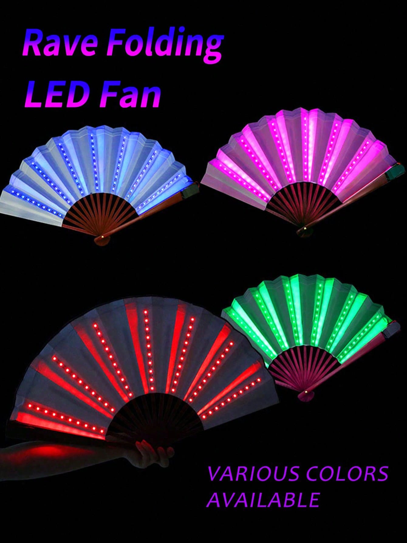 Glowing Rave Folding Fan: LED Light-Up Handheld Accessory White Blue