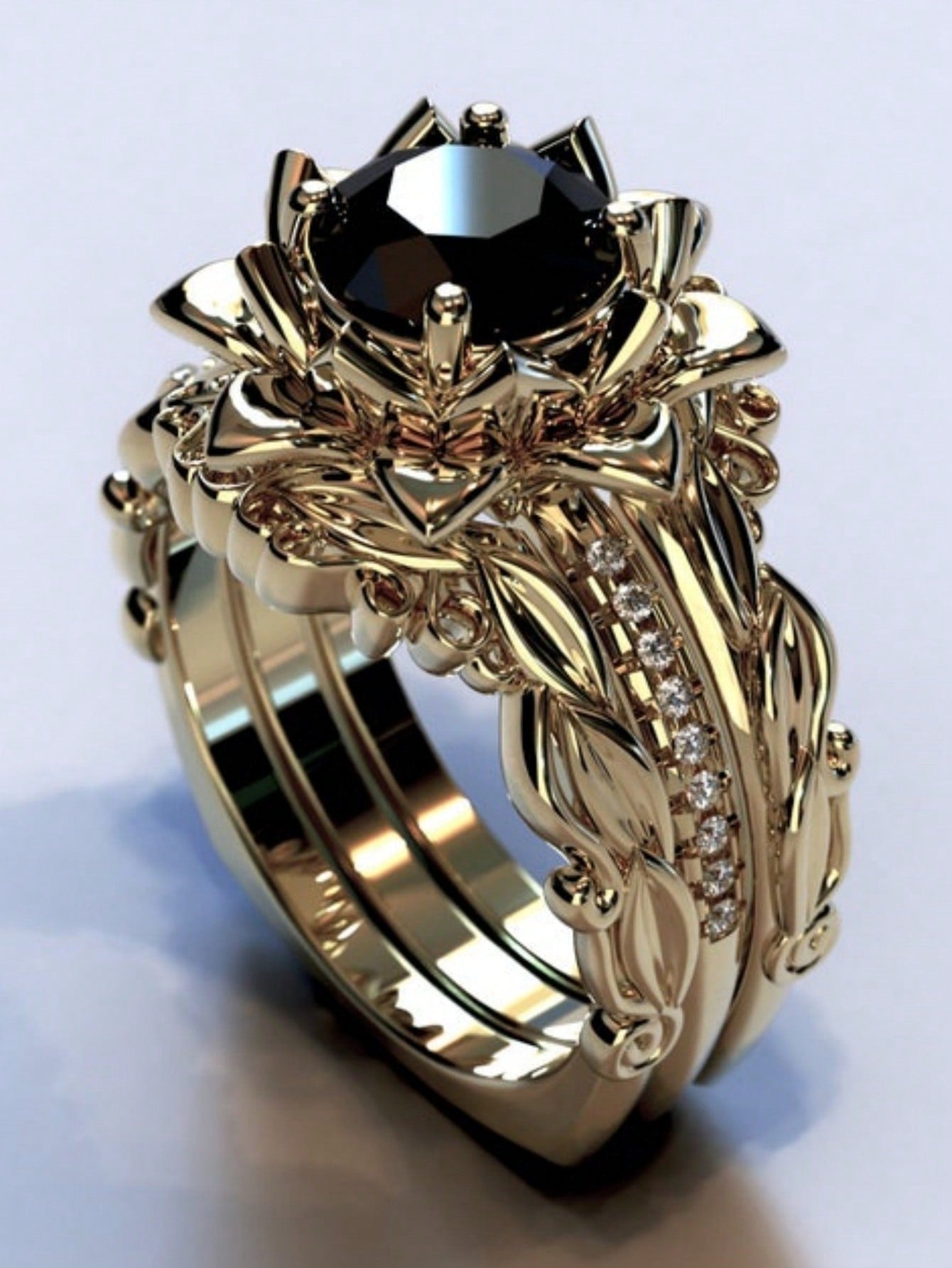 Opulent Elegance: 3-Piece Black Leaf & Flower Ring Set with Rainbow Cubic Zirconia Gun Black / 5 Gun Black / 6