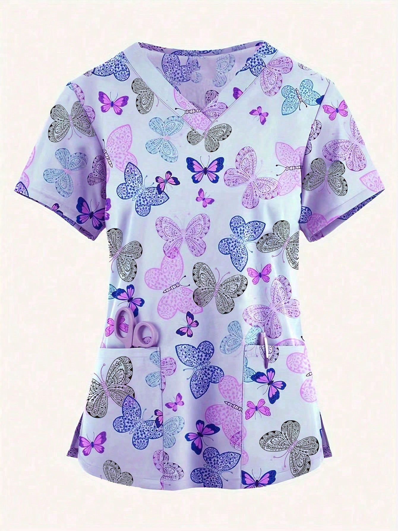 Breathable Women's Digital Printed Elastic Sports Scrub Top with Pockets Purple / XS Purple / S Purple / M Purple / XS-Purple / S-Purple / M-Purple / L-Purple / XL-Purple / XXL-Multicolor / S-Multicolor / M-Multicolor / L-Multicolor / XL-Multicolor / XXL-