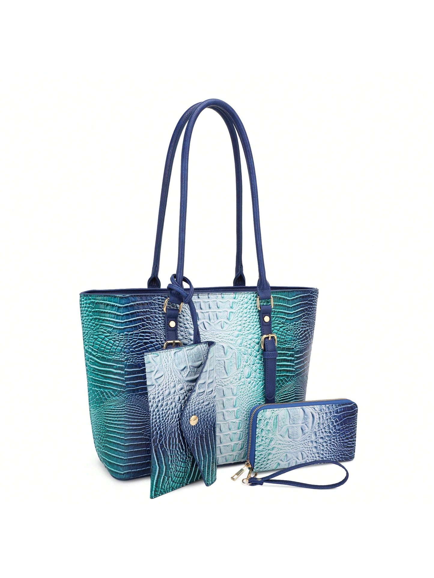 Chic & Sustainable: Vegan Leather Crocodile-Embossed Gradient Tote Set