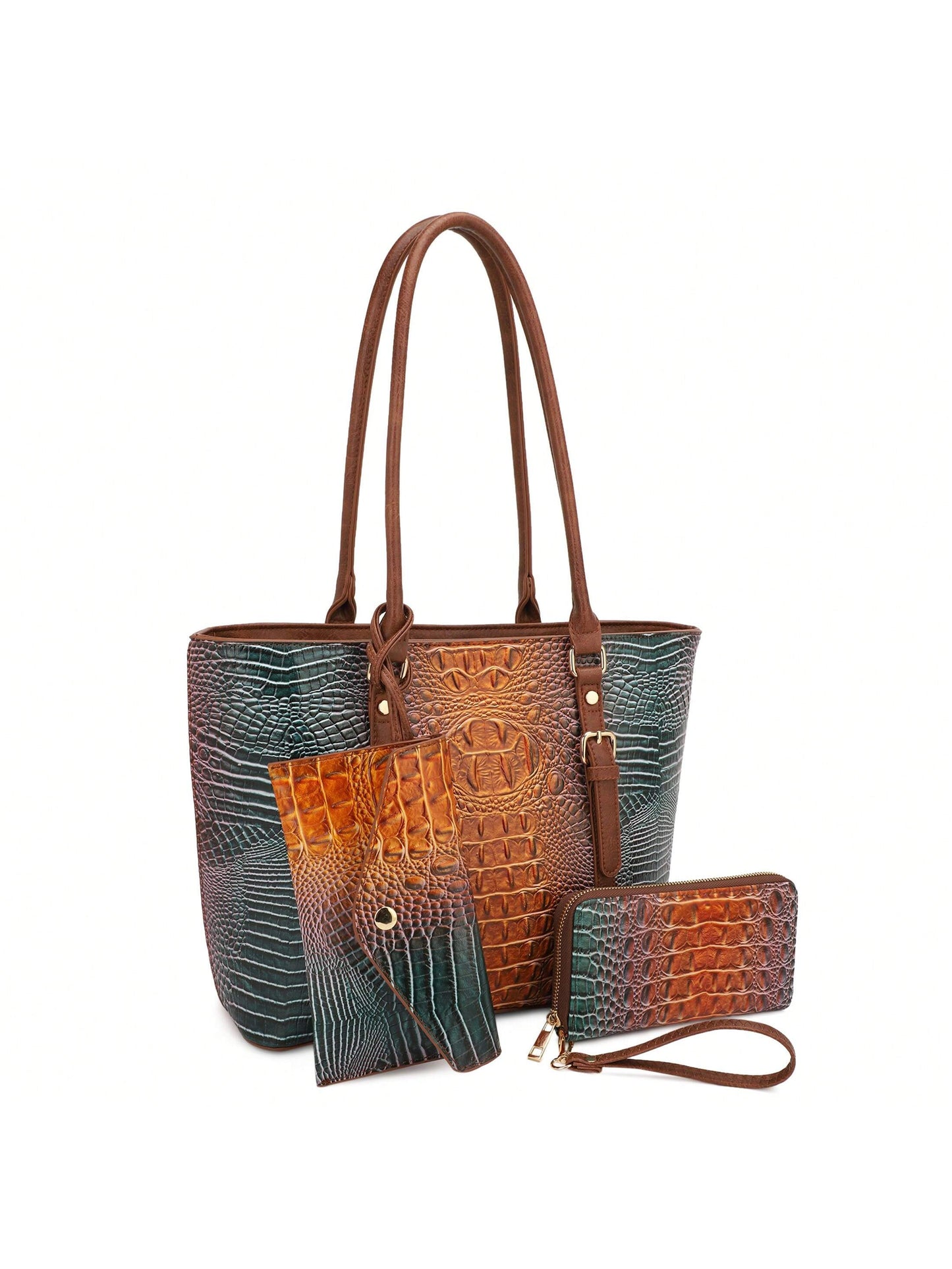 Chic & Sustainable: Vegan Leather Crocodile-Embossed Gradient Tote Set