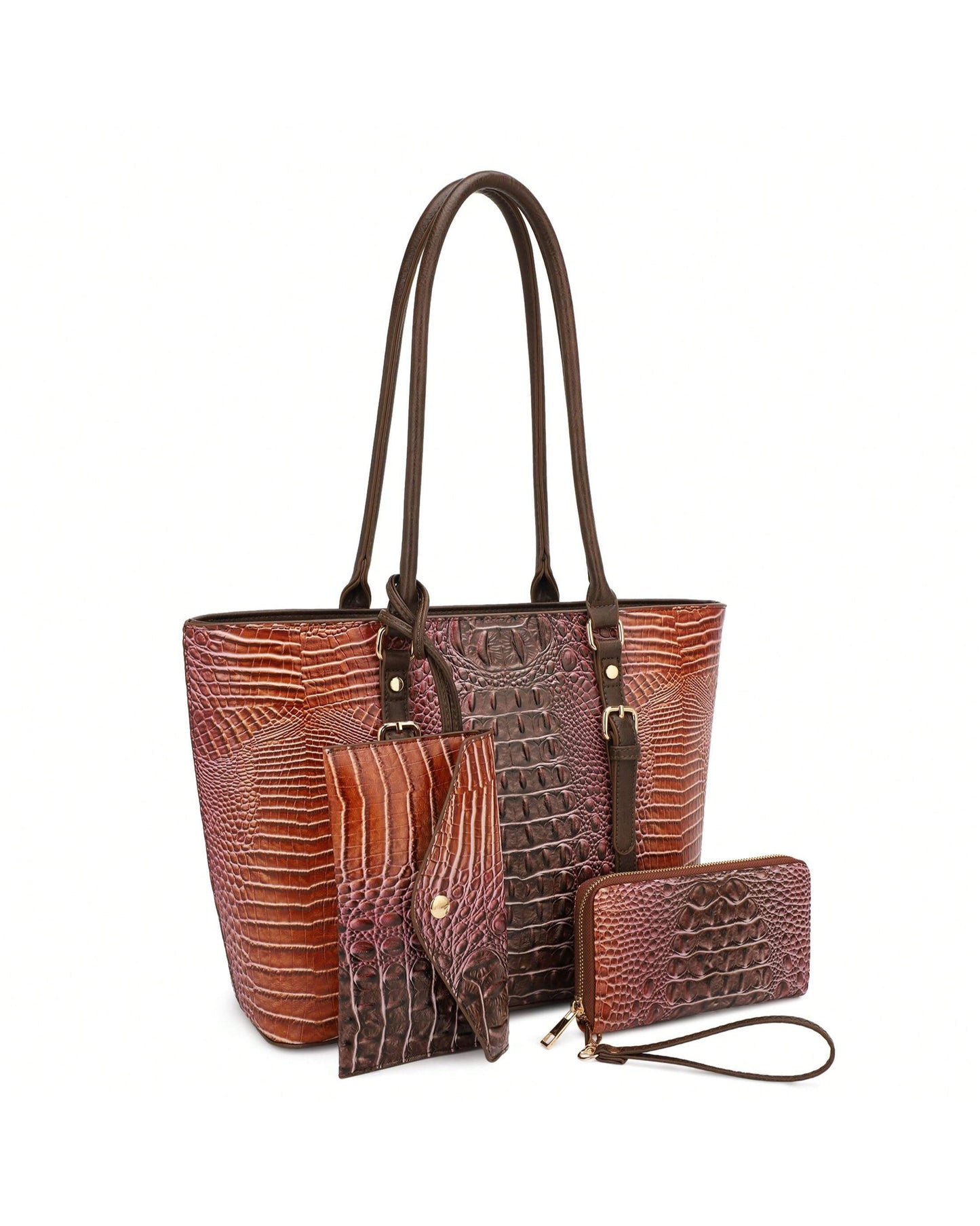 Chic & Sustainable: Vegan Leather Crocodile-Embossed Gradient Tote Set