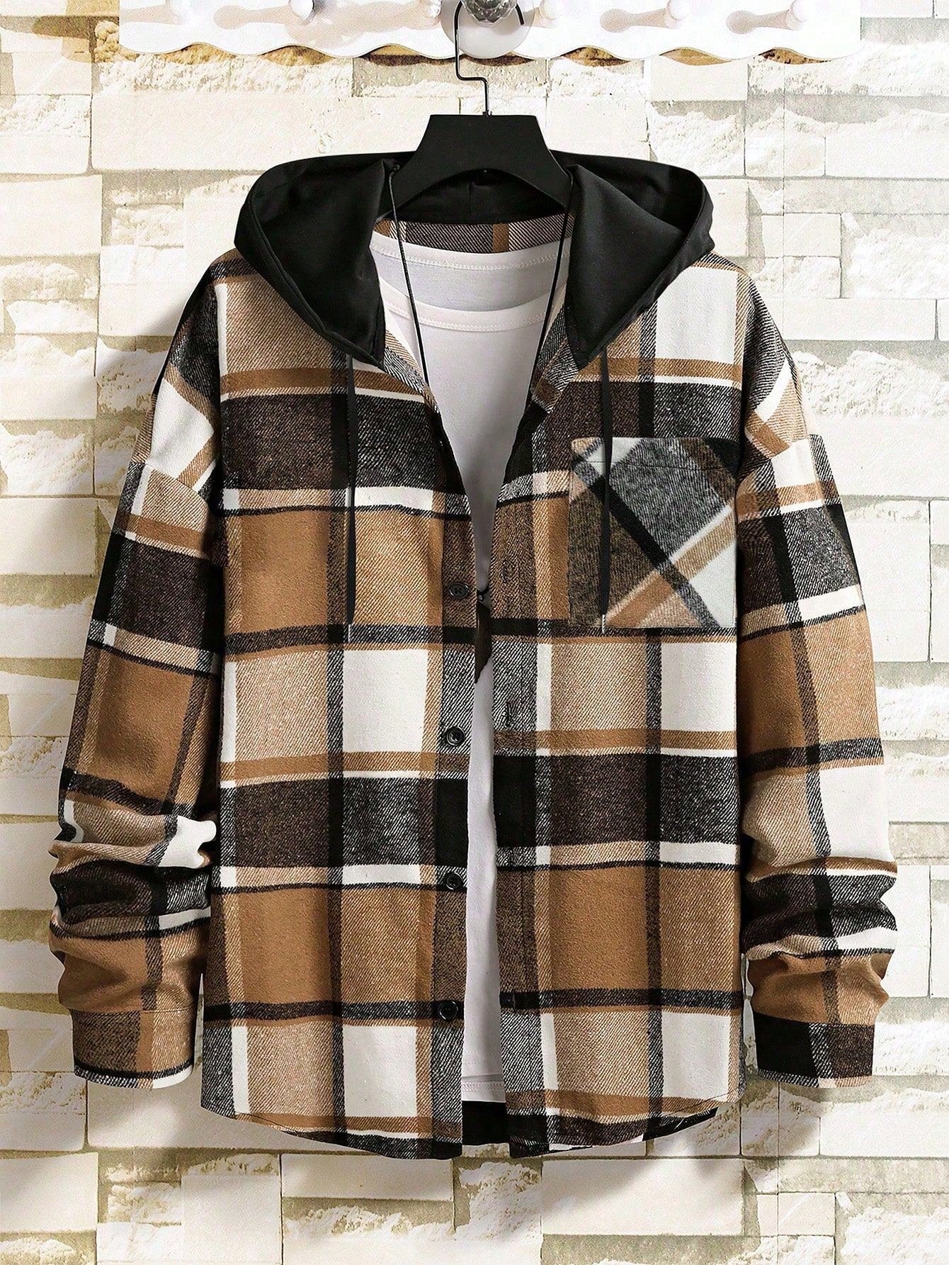 Men's Plaid Drawstring Hooded Shirt Jacket – Casual Style Meets Comfort