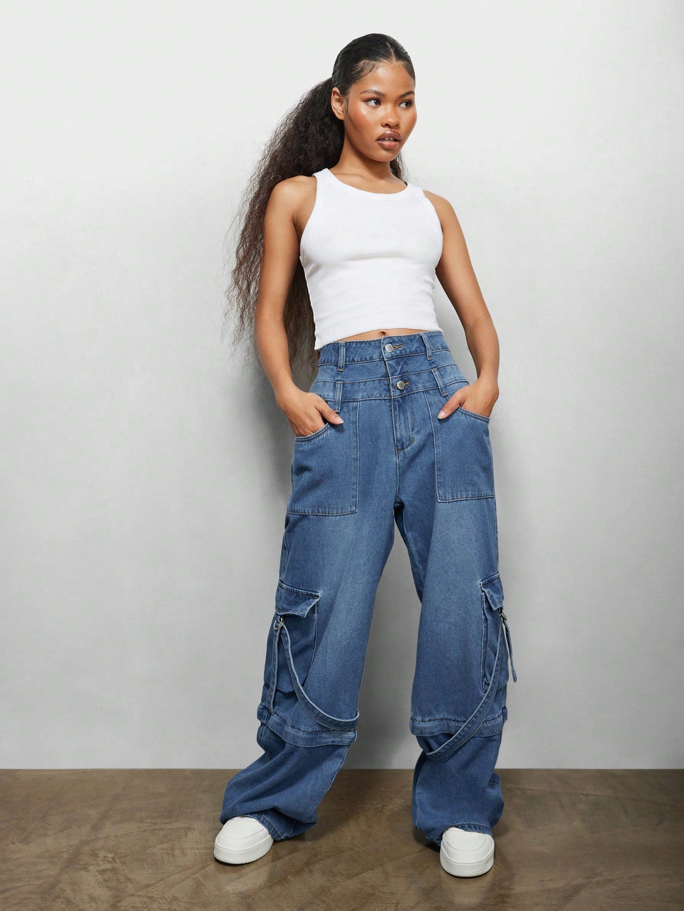 Versatile Women's Utility Jean with Double Waistband and Convertible Jort Feature XS S M XS-S-M-L-