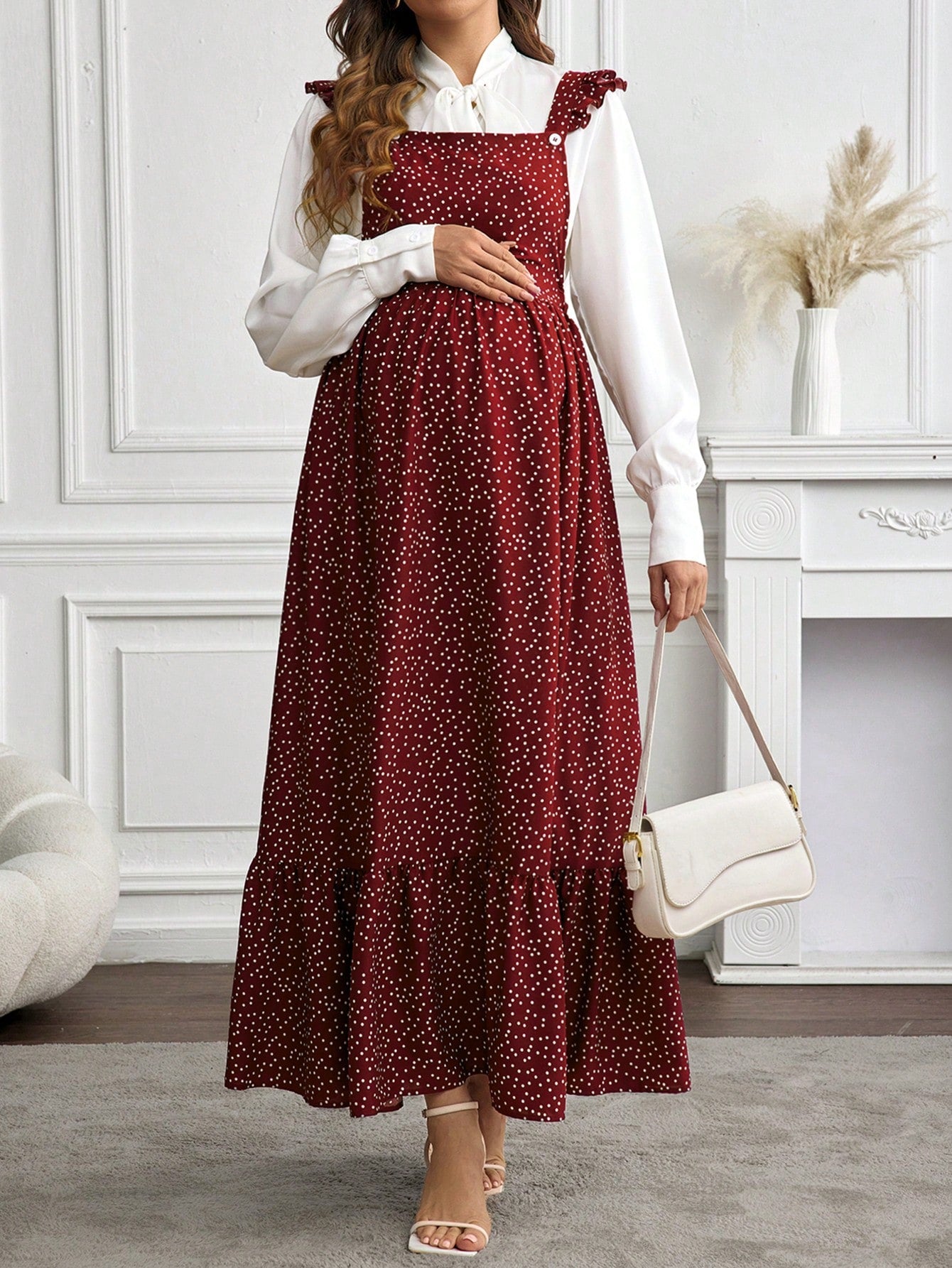 Floral Elegance: Adjustable Lace-Trim Maternity Dress Dusty Pink / S Dusty Pink / M