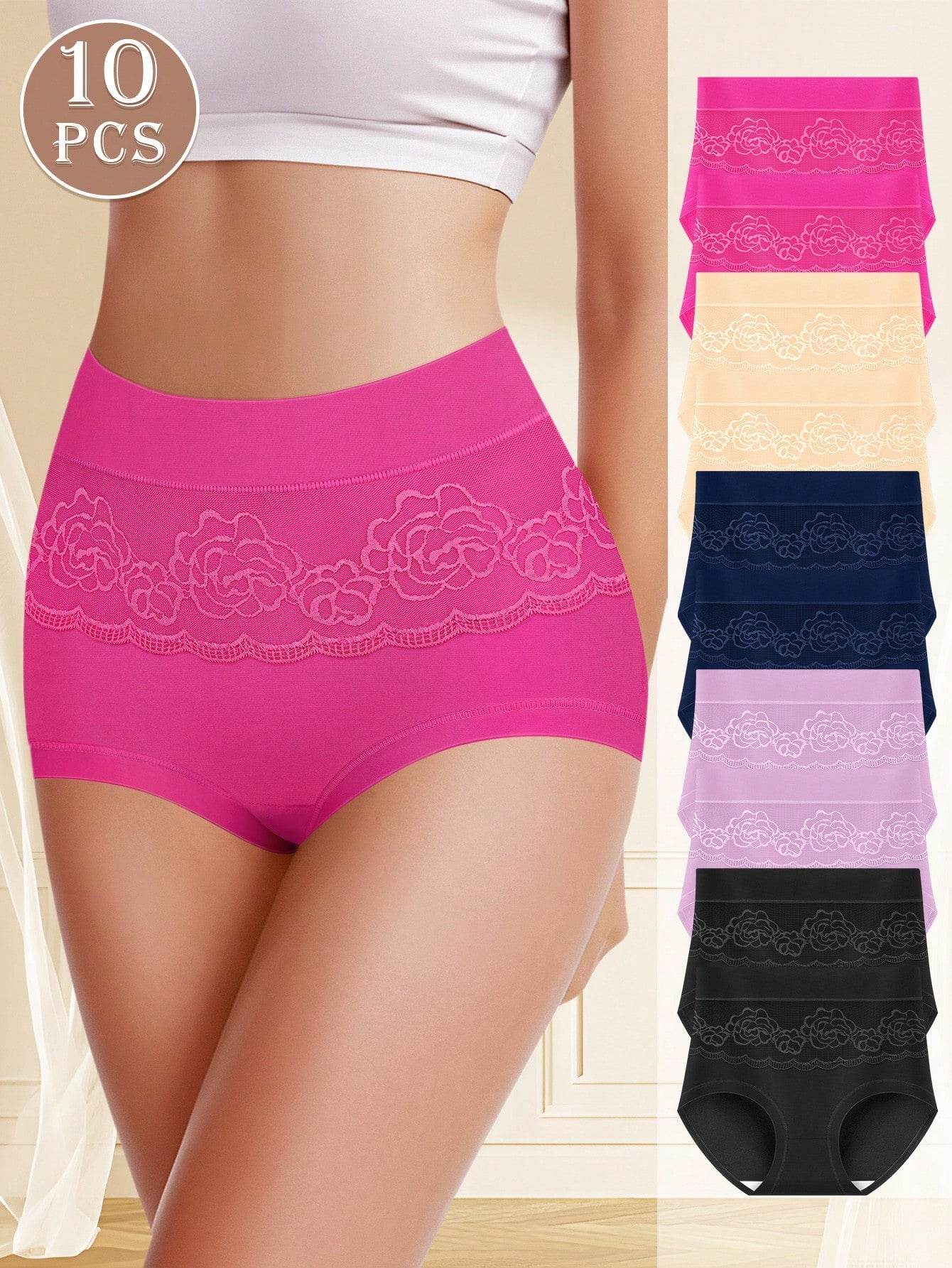 10-Piece High Waist Women's Triangle Panties with Breathable Mesh and Rose Pattern - Fashionqueene.com
