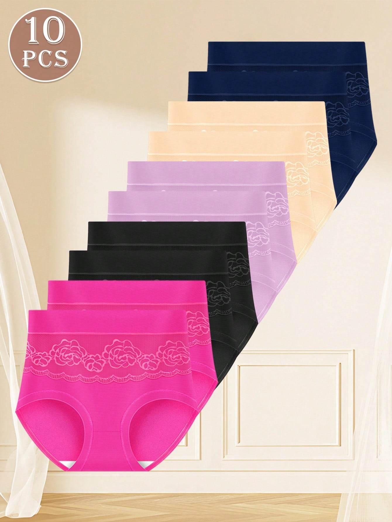 10-Piece High Waist Women's Triangle Panties with Breathable Mesh and Rose Pattern - Fashionqueene.com